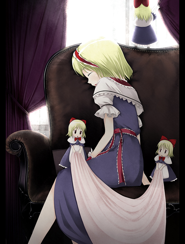 hubrael, alice margatroid, shanghai doll, touhou, 1girl, blonde hair, blue dress, blush, closed eyes, couch, curtains, doll, dress, female focus, full body, indoors, short hair, solo, window