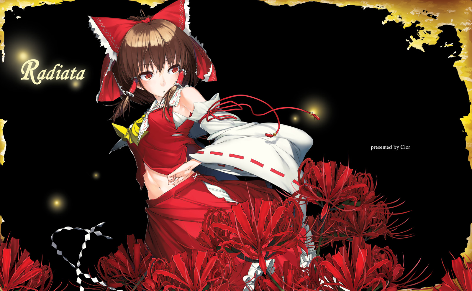 cior, hakurei reimu, touhou, highres, 1girl, black background, bow, brown eyes, brown hair, detached sleeves, female focus, flower, navel, red flower, sarashi, simple background, solo, spider lily, wind