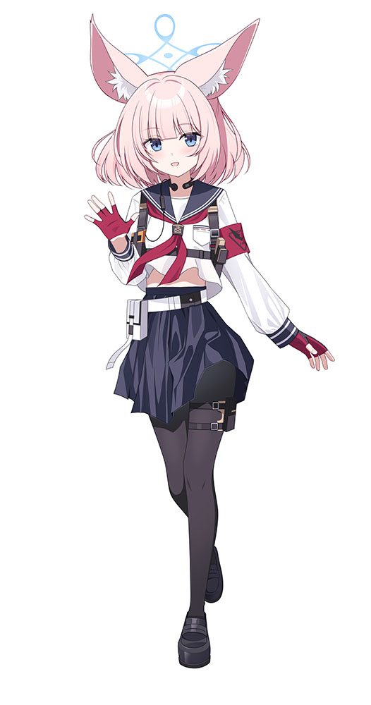 eko, niko (blue archive), blue archive, comiket 106, commentary request, 1girl, :d, ||/, animal ear fluff, animal ears, armband, black pantyhose, black sailor collar, black shoes, black skirt, blue eyes, blue halo, blunt bangs, blush, fingerless gloves, fox ears, fox girl, full body, gloves, halo, hand up, loafers, looking at viewer, medium hair, midriff peek, miniskirt, neckerchief, open mouth, pantyhose, pink hair, pleated skirt, red armband, red gloves, red neckerchief, sailor collar, school uniform, serafuku, shirt, shoes, skirt, smile, solo, standing, thigh strap, waving, white background, white shirt