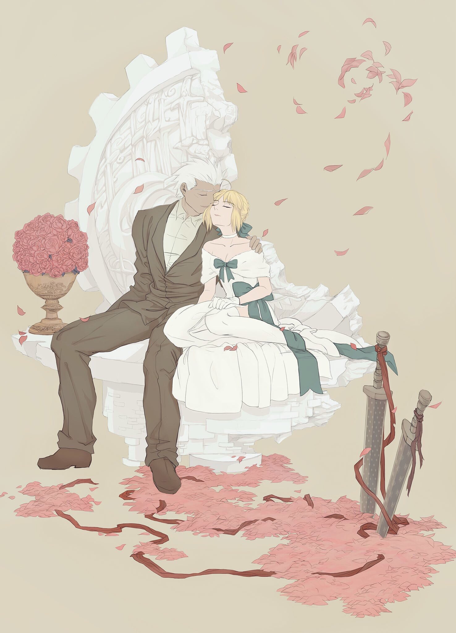 antatica11, archer (fate), artoria pendragon (fate), saber (fate), saber (formal dress) (fate), fate/grand order, fate (series), commentary request, highres, 1boy, 1girl, black jacket, blonde hair, bow, breasts, choker, cleavage, closed eyes, dark-skinned male, dark skin, dress, flower, gloves, hair bow, hetero, jacket, off-shoulder dress, off shoulder, petals, pink flower, pink rose, planted, planted sword, planted weapon, rose, small breasts, sword, thighhighs, weapon, white choker, white gloves, white hair, white thighhighs