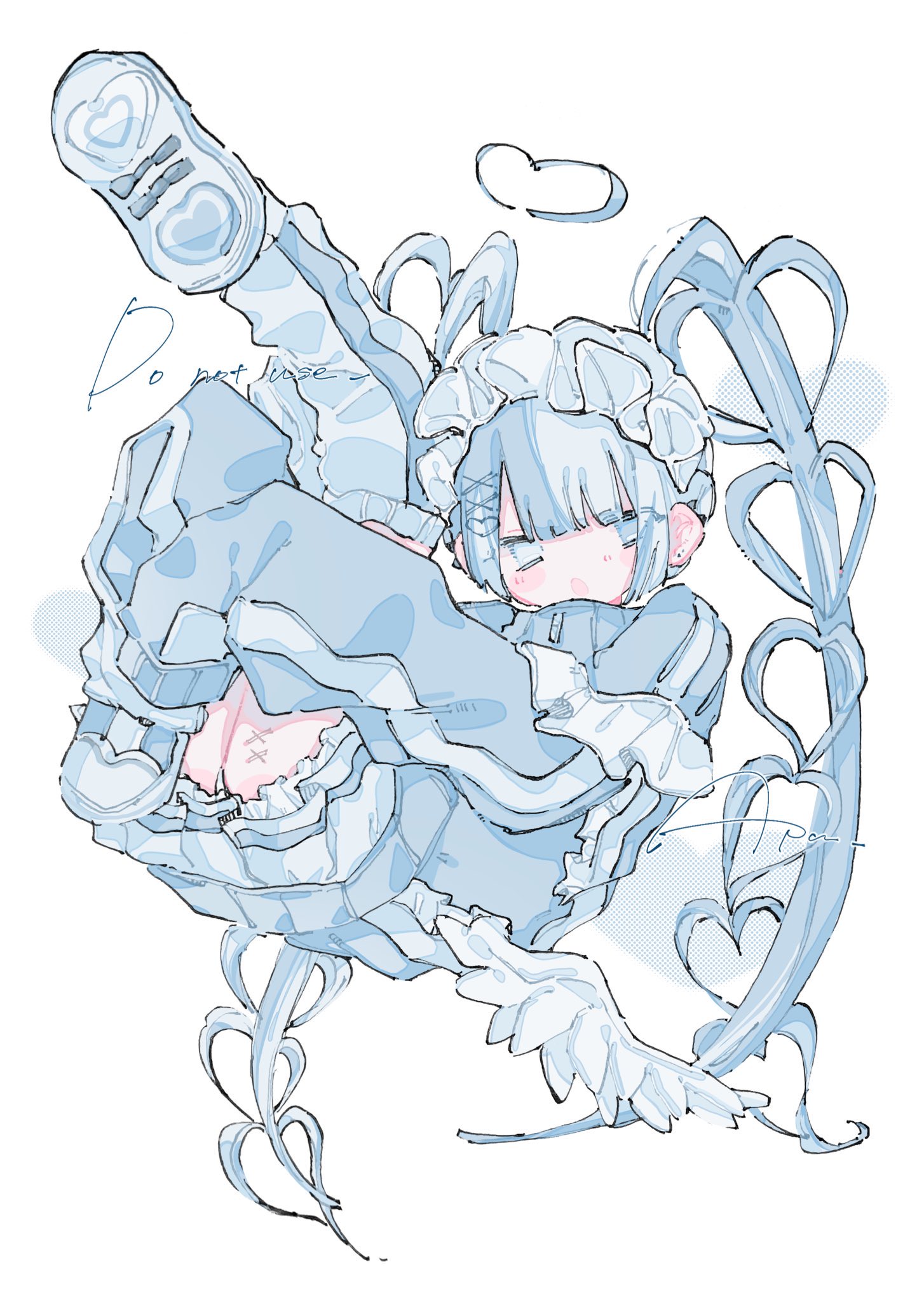 apu (aputto 9), original, highres, 1girl, blue eyes, blue hair, blue jacket, floating, frilled headwear, full body, hair between eyes, jacket, leg up, leg warmers, long hair, long sleeves, open mouth, shorts, simple background, sleeves past fingers, sleeves past wrists, solo, tenshi kaiwai, twintails, very long hair, white background, white headdress, white leg warmers, white shorts