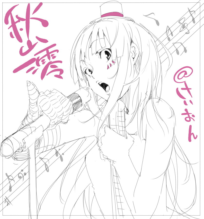 yamamoto enji, akiyama mio, don't say "lazy", k-on!, 00s, 1girl, female focus, greyscale, microphone, microphone stand, monochrome, musical note, solo, spot color