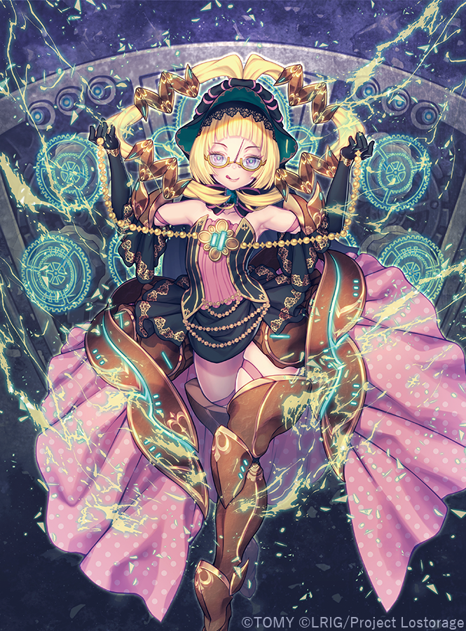 kutori pan'ya, wixoss, official art, 1girl, black dress, black hat, blonde hair, blue eyes, boots, closed mouth, copyright notice, dress, glasses, hat, looking at viewer, pink skirt, red-framed eyewear, short hair, skirt, solo, thigh boots, tongue, tongue out, wheatstone bridge (wixoss)