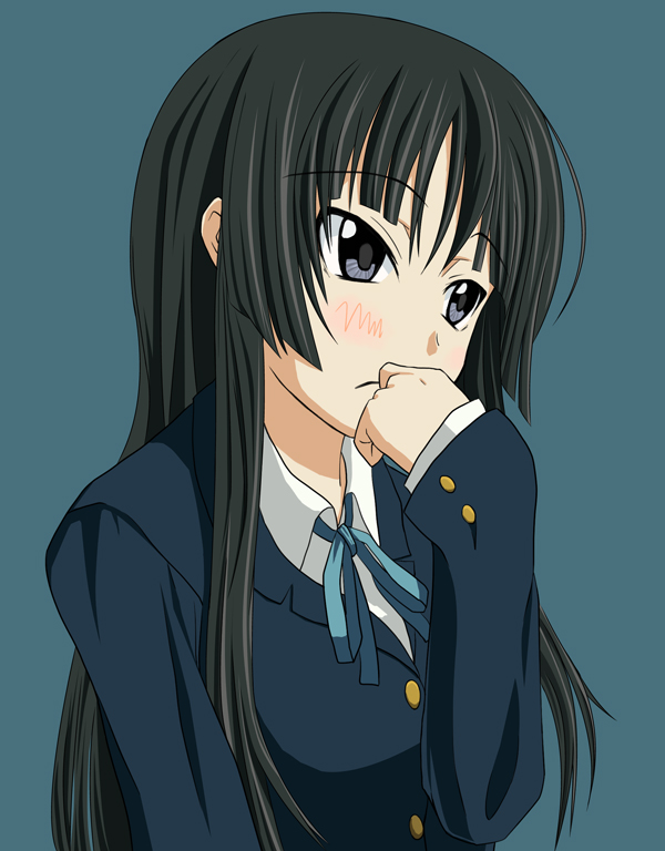 kagome (traumatize), akiyama mio, k-on!, 00s, 1girl, blazer, female focus, jacket, school uniform, simple background, solo, thinking