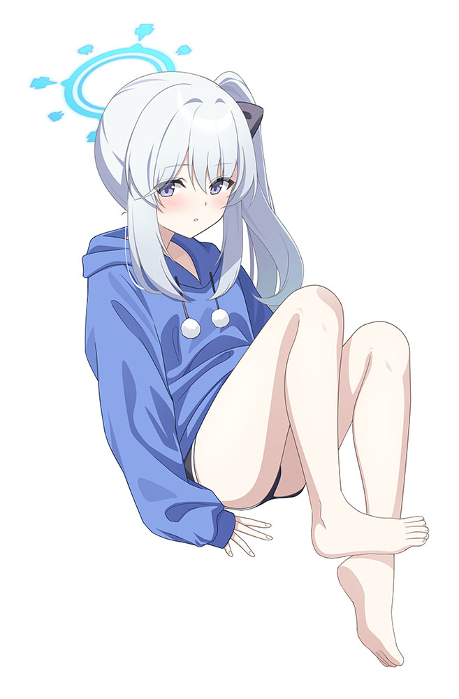 eko, miyako (blue archive), miyako (young) (blue archive), blue archive, comiket 106, commentary request, bare legs, barefoot, black shorts, blue halo, blue hoodie, blush, eyes visible through hair, feet, full body, grey hair, hair between eyes, hair intakes, halo, hood, hood down, hoodie, knees up, legs, long hair, looking at viewer, official alternate costume, parted lips, pom pom (clothes), purple eyes, short shorts, shorts, side ponytail, sidelocks, simple background, sitting, sleeves past wrists, thighs, toes, white background