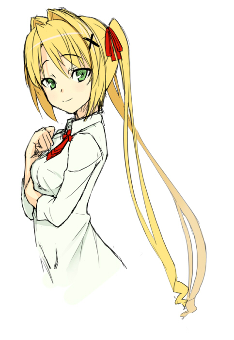 gin (ginshari), original, 1girl, blonde hair, female focus, green eyes, hair ornament, hair ribbon, hairclip, hand on own chest, looking at viewer, necktie, ribbon, shirt, simple background, smile, solo, standing, twintails