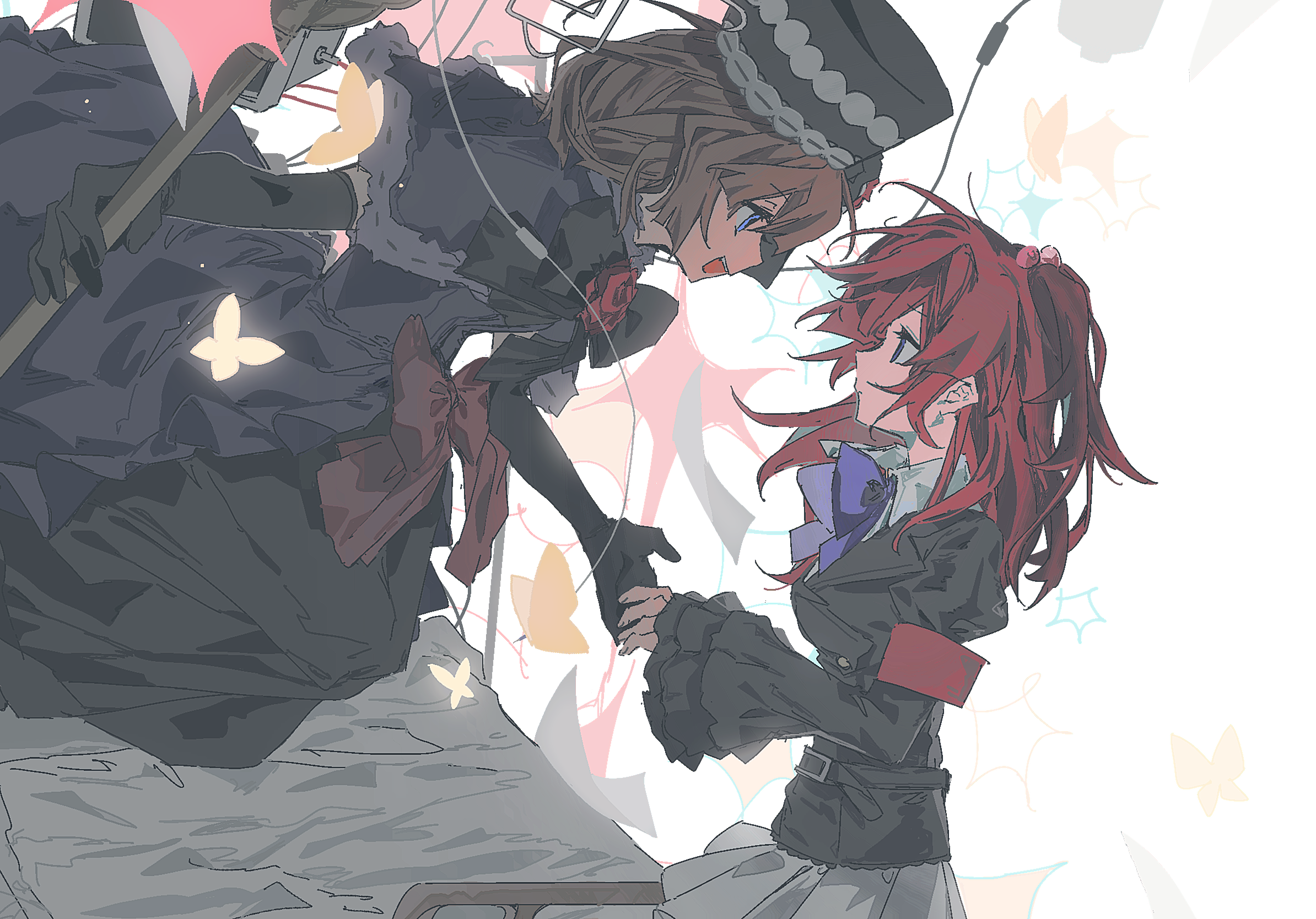 eva beatrice, ushiromiya ange, umineko no naku koro ni, highres, 2girls, :d, armband, beads, black bow, black bowtie, black gloves, black jacket, blue eyes, bob cut, bow, bowtie, brown hair, capelet, dress, dress bow, elbow gloves, eye contact, floating clothes, floating hair, frilled dress, frilled sleeves, frills, gloves, glowing, glowing eyes, hair beads, hair ornament, half updo, holding, holding staff, jacket, looking at another, multiple girls, open mouth, profile, puffy sleeves, purple capelet, purple dress, red armband, red bow, red hair, shirt, skirt, smile, staff, twintails, upper body, white background, white shirt, white skirt, wide sleeves, zhenshidegancuiyaoqinidetuweiba