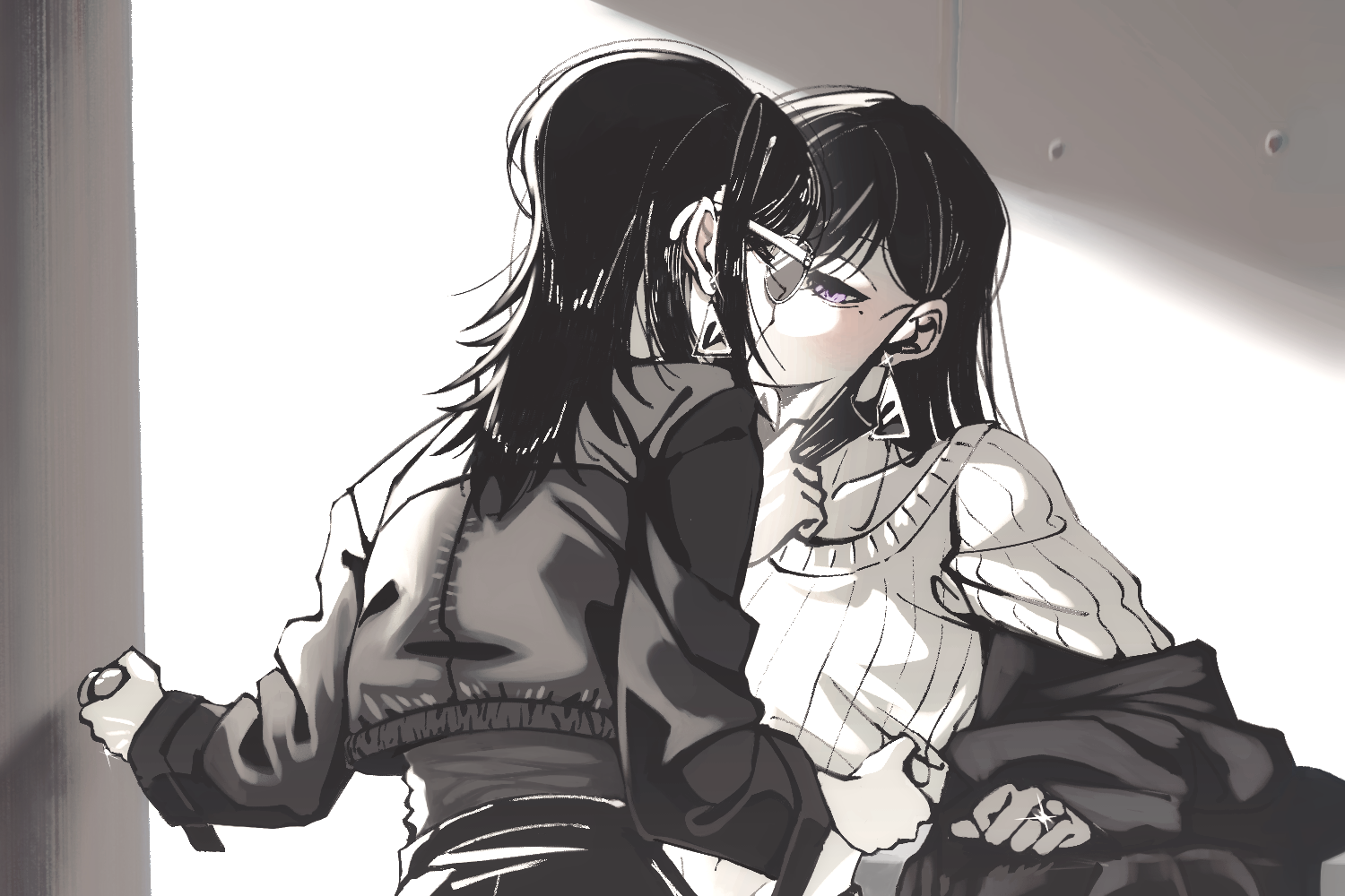 doki (oox3o), shiina taki, yahata umiri, bang dream!, bang dream! it's mygo!!!!!, commentary request, 2girls, black hair, black jacket, earrings, jacket, jewelry, kiss, long hair, mask, mask pull, mole, mole under eye, mouth mask, multiple girls, off shoulder, opening door, purple eyes, ribbed sweater, ring, sunglasses, sweater, wedding ring, white sweater, wife and wife, yuri