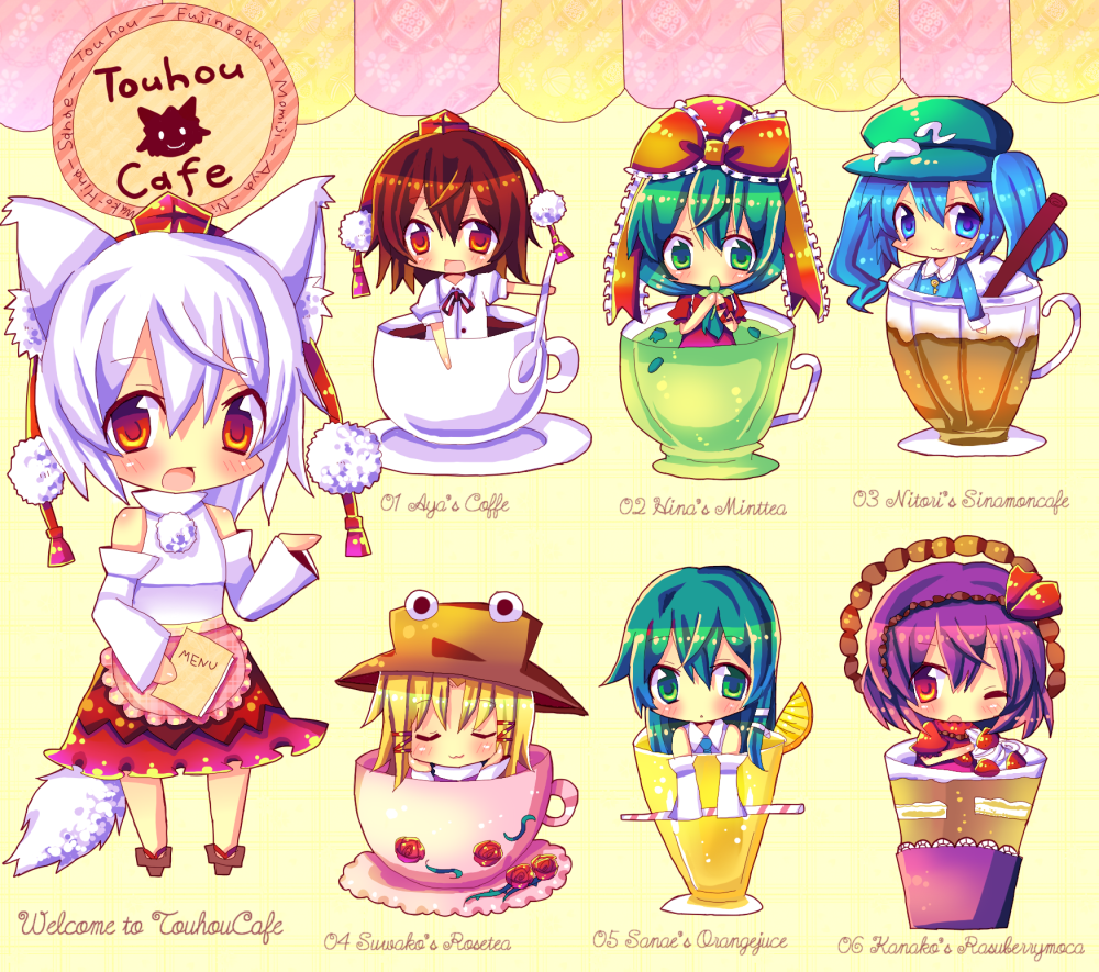 chocolat (momoiro piano), hinahina, inubashiri momiji, kagiyama hina, kawashiro nitori, kochiya sanae, moriya suwako, shameimaru aya, yasaka kanako, mountain of faith, touhou, bad id, bad pixiv id, 6+girls, cake, chibi, cup, drink, english text, engrish text, female focus, food, front ponytail, in container, in cup, mini person, minigirl, multiple girls, ranguage, tea, two side up