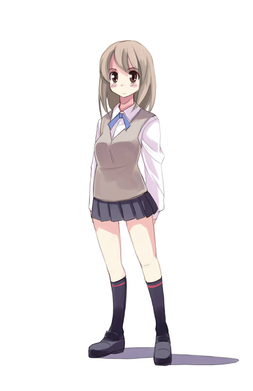 seo tatsuya, original, 1girl, black socks, blonde hair, blue eyes, female focus, full body, kneehighs, loafers, looking at viewer, school uniform, shoes, simple background, socks, solo, standing, vest, white background