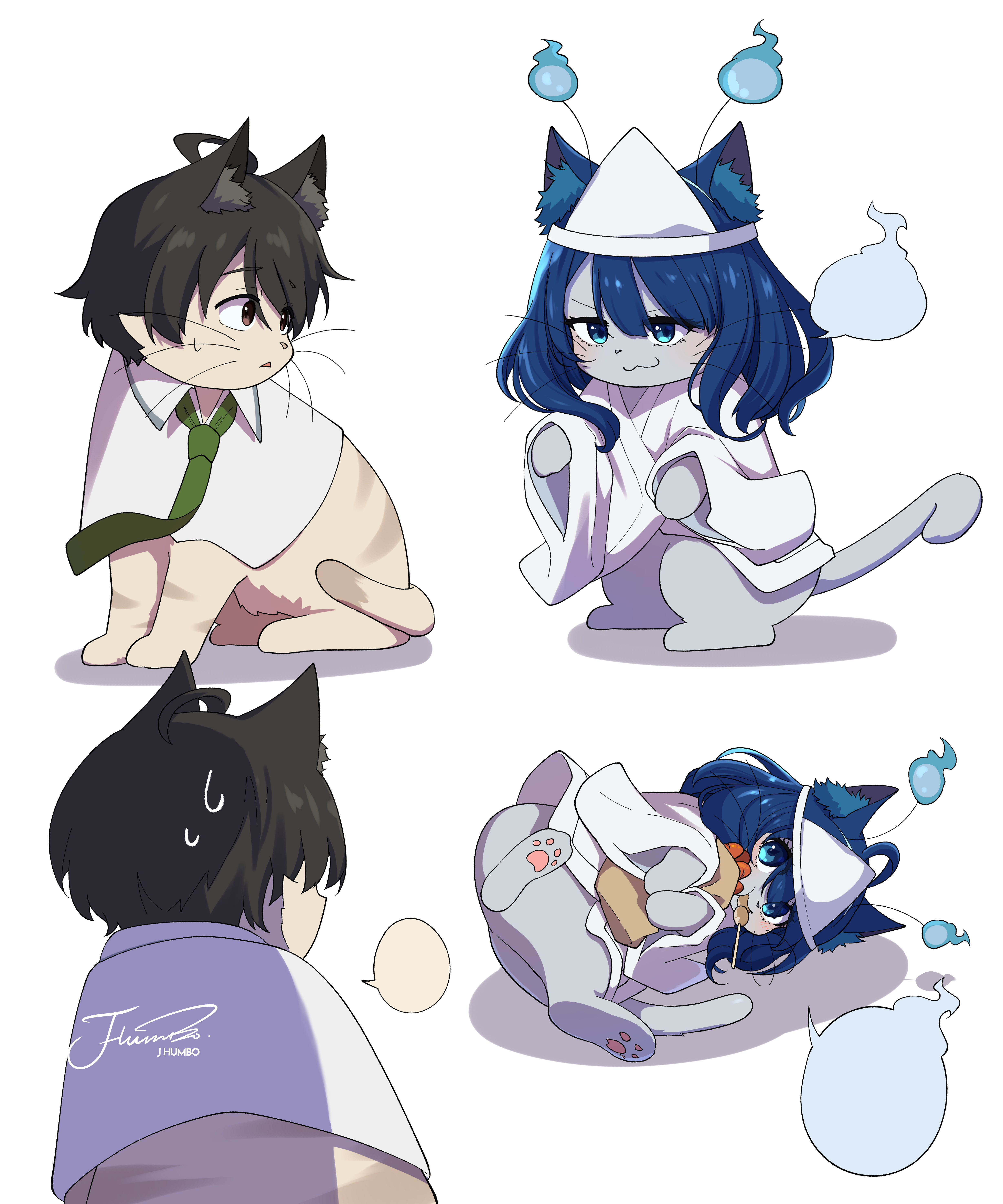 j humbo, nukumizu kazuhiko, yanami anna, make heroine ga oo sugiru!, absurdres, commentary, highres, symbol-only commentary, :3, animal, animalization, black hair, blank speech bubble, blue eyes, blue hair, brown eyes, cat, clothed animal, food, green necktie, hitodama, japanese clothes, kimono, necktie, no humans, parted lips, shiroshouzoku, shirt, signature, simple background, small sweatdrop, speech bubble, triangular headpiece, white background, white shirt
