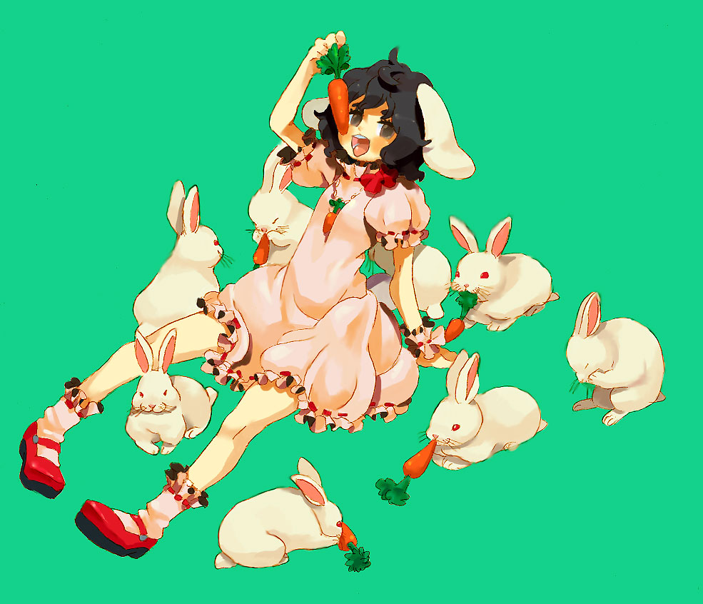 goruti, inaba tewi, touhou, bad id, bad pixiv id, 1girl, animal ears, black hair, carrot, female focus, rabbit, rabbit ears, red eyes, short hair, solo, too many, too many rabbits