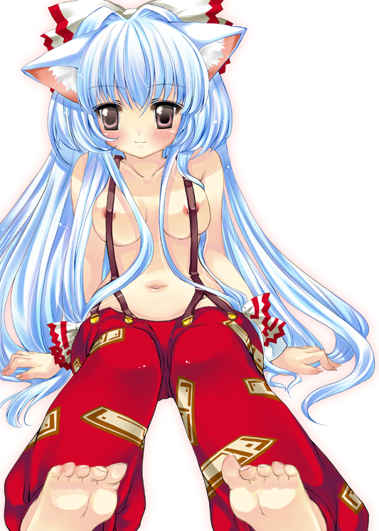 niwaka yuan, yun (artist), fujiwara no mokou, touhou, silver hair, bad id, bad pixiv id, 1girl, animal ears, barefoot, bow, breasts, cat ears, cat girl, feet, female focus, hair ribbon, long hair, naked suspenders, nipples, pants, red eyes, revealing clothes, ribbon, solo, suspenders, toes, topless female