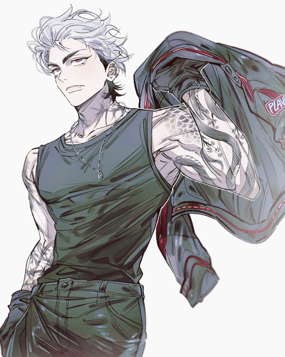 p o p dorodoro, plave, 1boy, arm tattoo, black gloves, black jacket, black pants, black tank top, closed mouth, cowboy shot, eunho (plave), gloves, holding, holding jacket, holding unworn clothes, jacket, jewelry, k-pop, looking ahead, male focus, neck tattoo, necklace, pants, red eyes, simple background, solo, tank top, tattoo, unworn jacket, white background, white hair