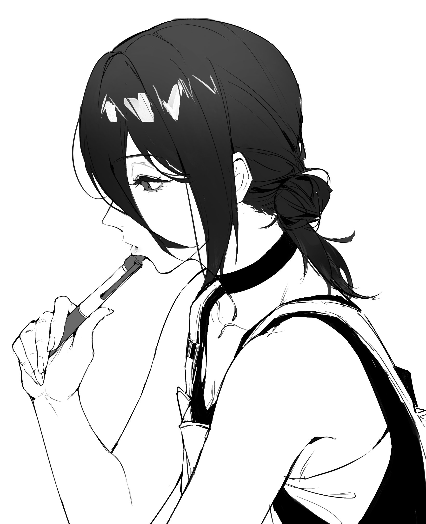 zonotaida, reze (chainsaw man), chainsaw man, highres, 1girl, apron, choker, closed mouth, from side, greyscale, hair bun, holding, holding pen, monochrome, pen, profile, solo, tank top