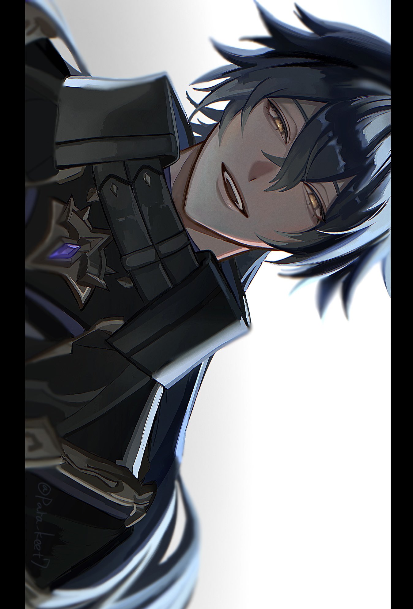 para keet7, flins (genshin impact), genshin impact, highres, 1boy, black coat, coat, head tilt, long hair, looking at viewer, multicolored hair, open mouth, smile, solo, teeth, upper teeth only, watermark, yellow eyes