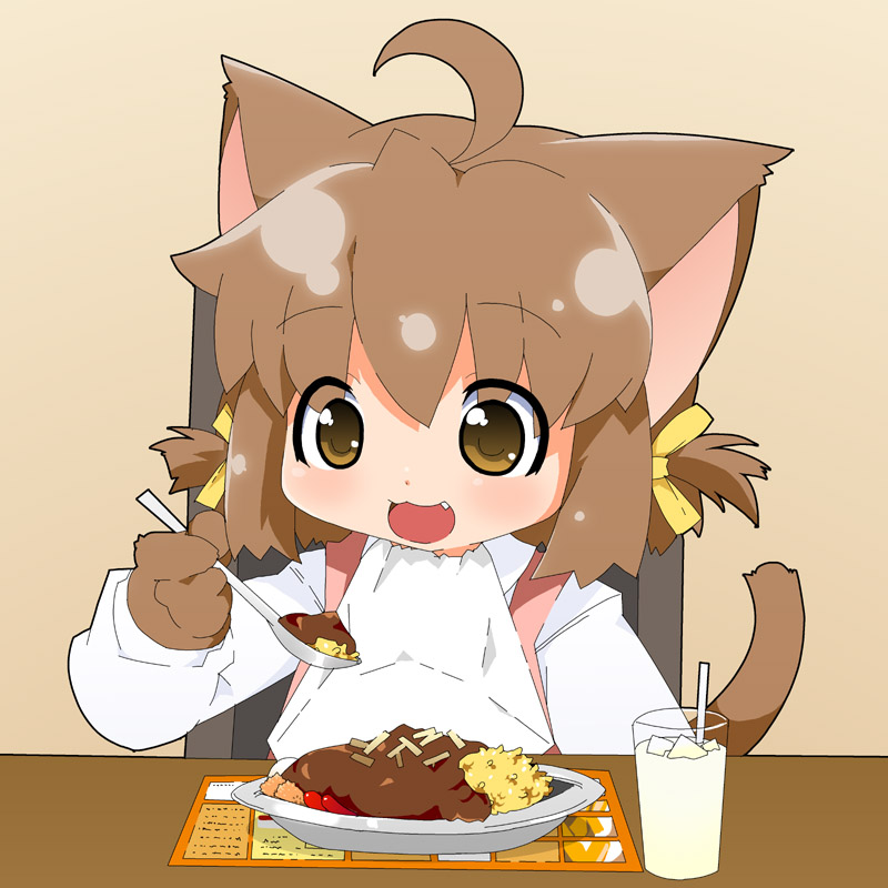 lillithlauda, fur, bad id, bad pixiv id, 1girl, ahoge, animal ears, animal hands, bib, brown eyes, brown hair, cat ears, cat tail, child, curry, drink, drinking straw, fang, female focus, food, hair ribbon, no headwear, open mouth, ribbon, smile, solo, spoon, tail, tareme