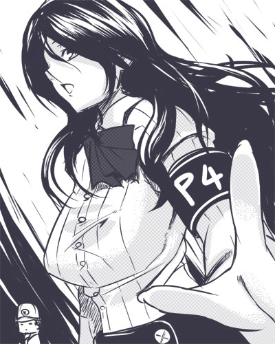 darabuchi, iori junpei, kirijou mitsuru, atlus, persona, persona 3, lowres, 1boy, 1girl, armband, breasts, covered erect nipples, greyscale, large breasts, long hair, monochrome