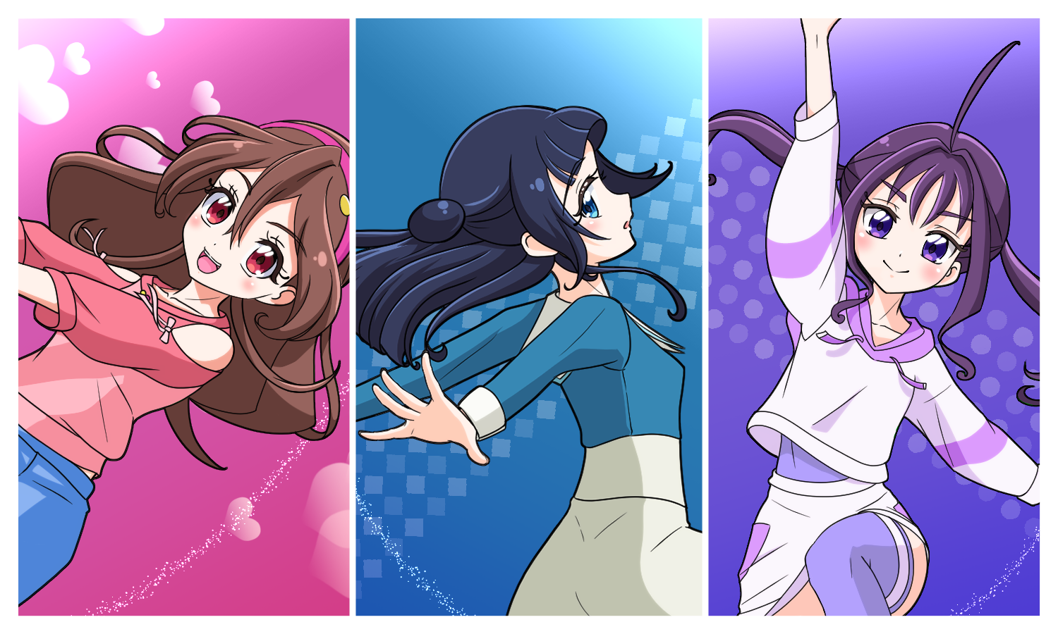 bechamel, aokaze nana, sakura uta (precure), shigure kokoro, kimi to idol precure, precure, commentary, 3girls, :d, ahoge, arched bangs, arm up, bare shoulders, blue background, blue eyes, blue hair, blue shirt, blue skirt, blush, border, brown hair, checkered background, closed mouth, clothing cutout, collarbone, collared shirt, contrast collar, dot nose, double-parted bangs, drawstring, eighth note, fortissimo, from behind, grey skirt, hair bun, hair intakes, hair ornament, hairband, heart, heart background, hood, hood down, hoodie, knee up, long hair, long sleeves, looking at viewer, looking back, medium hair, multiple girls, musical note, musical note hair ornament, open hand, open mouth, outstretched arms, parted lips, pink background, pink hairband, pink shirt, polka dot, polka dot background, purple background, purple eyes, purple hair, purple hoodie, purple shirt, purple skirt, purple thighhighs, red eyes, shirt, shoulder cutout, single hair bun, skirt, sleeve cuffs, smile, teeth, thighhighs, twintails, upper teeth only, upright ahoge, white border