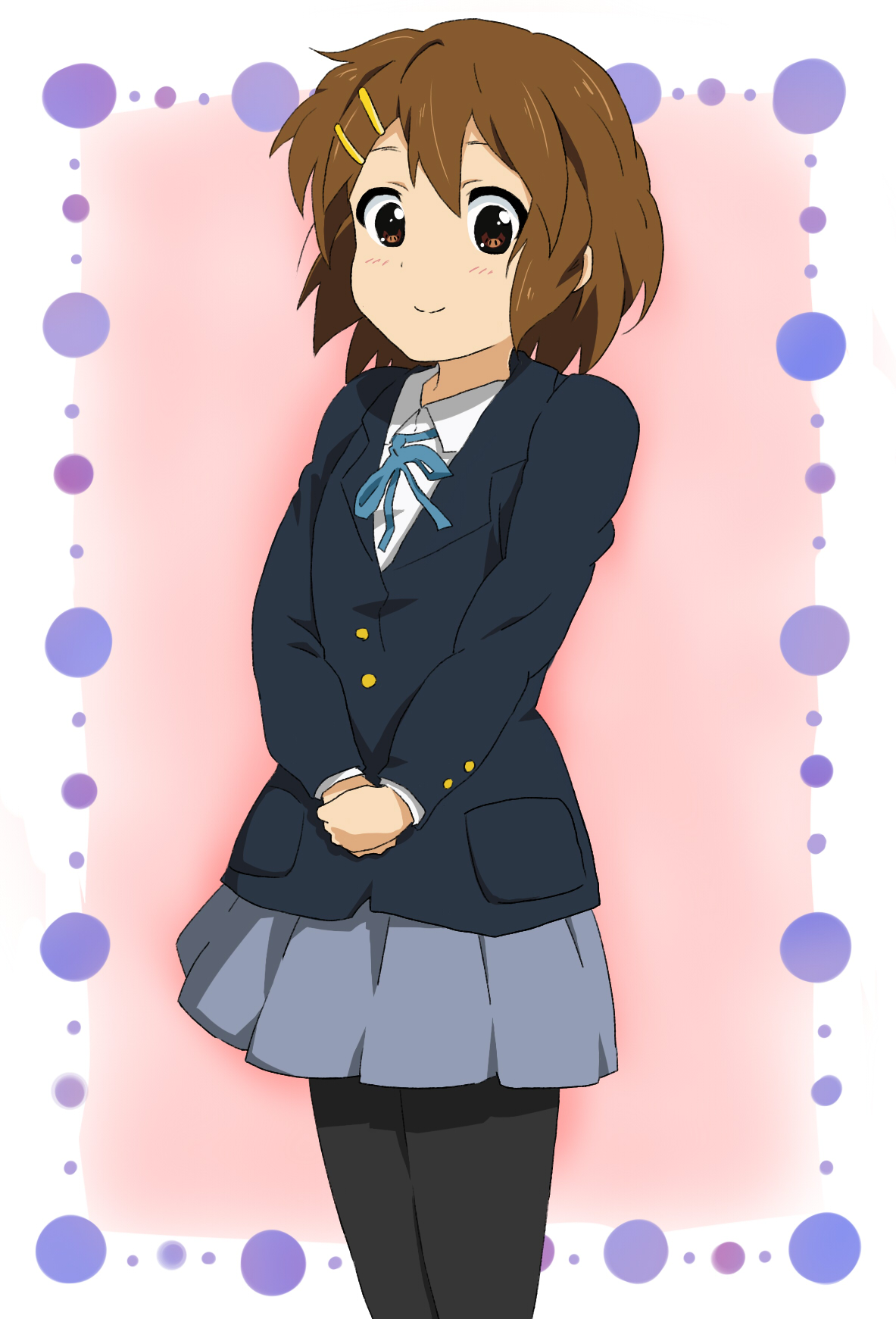 delf, hirasawa yui, k-on!, bad id, bad pixiv id, highres, 00s, 1girl, brown eyes, brown hair, female focus, pantyhose, school uniform, short hair, solo