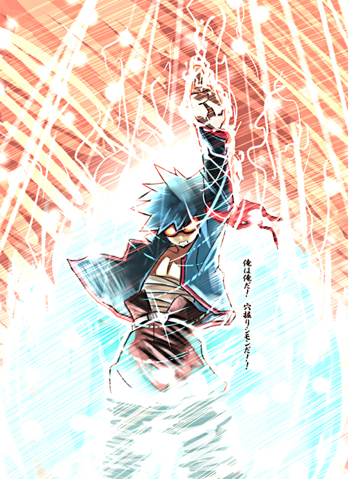 kendo (artist), simon (ttgl), tengen toppa gurren lagann, translated, 00s, 1boy, bandages, blue hair, epic, goggles, kamina pose, male focus, open clothes, open shirt, pointing, pointing up, shirt, solo