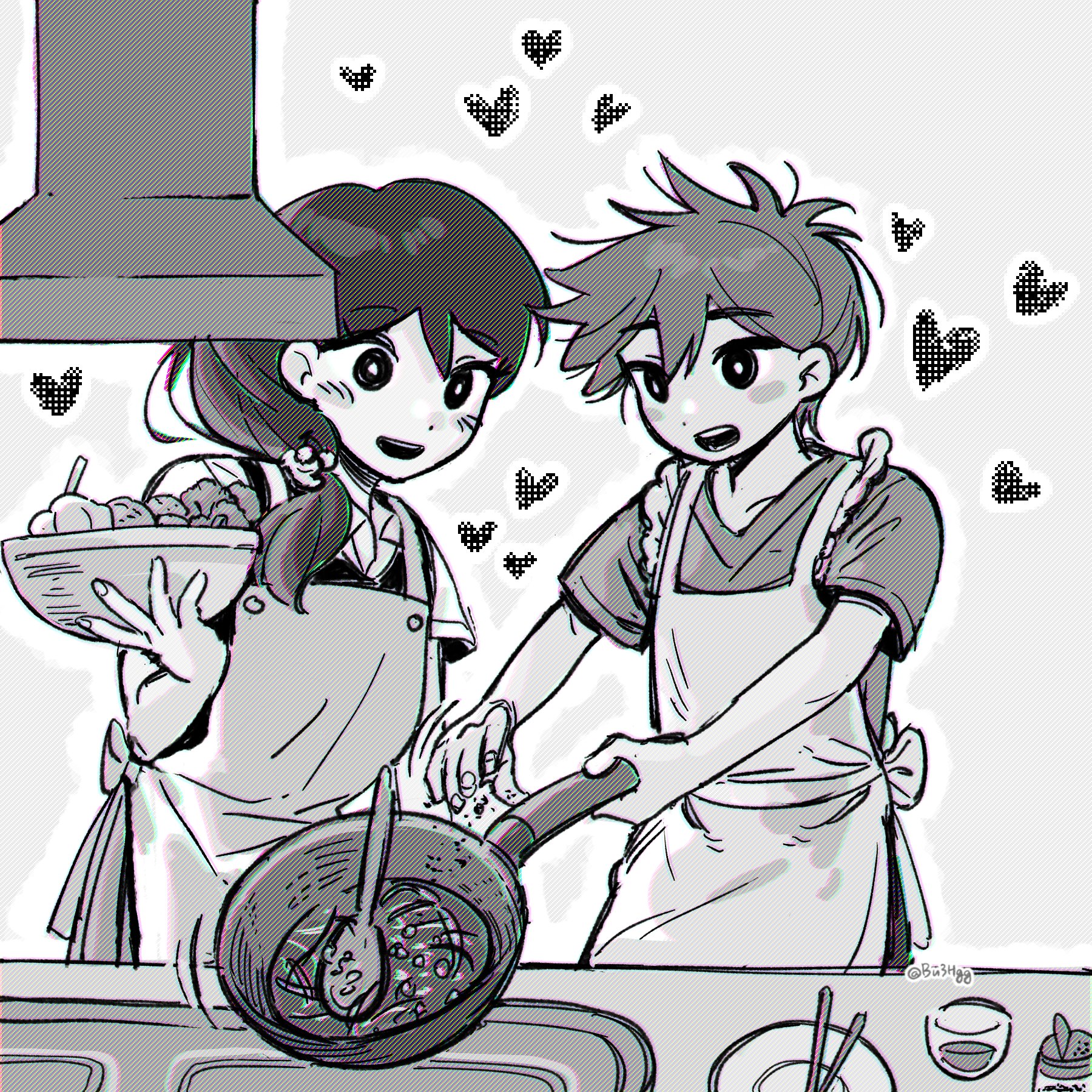 bu3hgg, hero (faraway) (omori), hero (omori), mari (faraway) (omori), mari (omori), omori, highres, 1boy, 1girl, alternate costume, alternate hairstyle, antenna hair, apron, artist name, basket, blush, collared shirt, dark-skinned male, dark skin, double-parted bangs, frying pan, greyscale, hair between eyes, heart, holding, holding basket, holding frying pan, kitchen hood, looking at another, medium hair, monochrome, open mouth, plate, shirt, short hair, short sleeves, smile, sweater vest, t-shirt, teeth, twitter username, upper teeth only