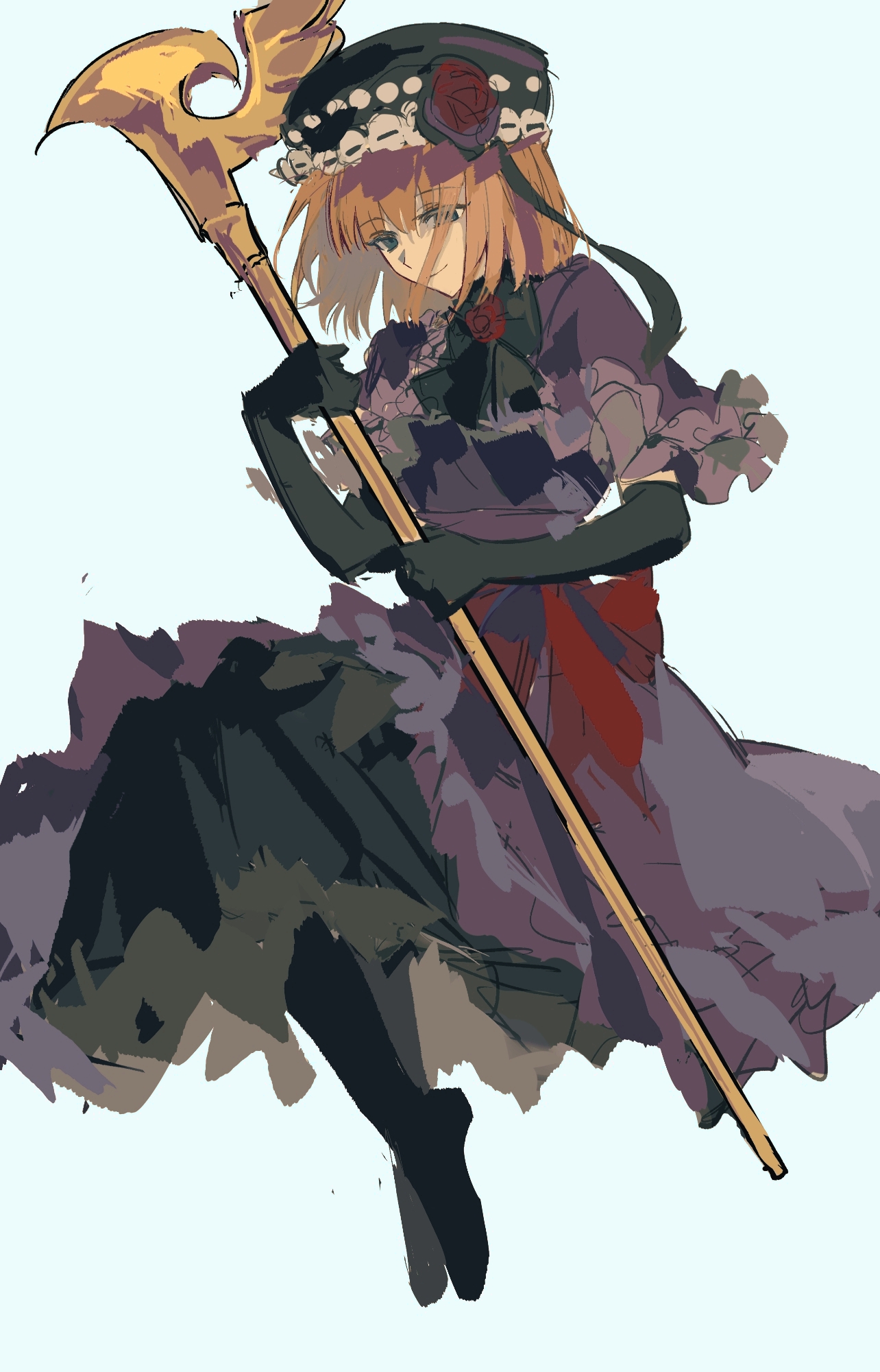 eva beatrice, umineko no naku koro ni, highres, 1girl, black dress, black gloves, black hat, blue eyes, blunt bangs, bob cut, capelet, dress, elbow gloves, floating hair, flower, frilled capelet, frilled dress, frills, full body, gloves, hat, hat flower, holding, holding staff, houshijing027, light smile, looking at viewer, orange hair, purple capelet, purple dress, red flower, red rose, rose, solo, staff, two-tone dress, white background