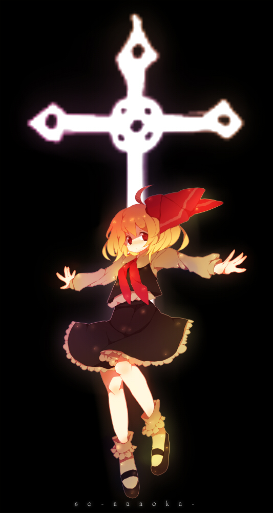 yuhiko, yukiho (artist), rumia, embodiment of scarlet devil, touhou, 1girl, blonde hair, cross, female focus, hair ribbon, necktie, outstretched arms, red eyes, ribbon, short hair, solo, spread arms