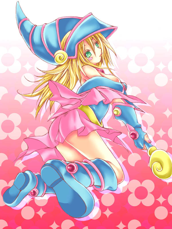 umitsuki kouna, dark magician girl, yu-gi-oh!, yu-gi-oh! duel monsters, 1girl, blue boots, boots, duel monster, female focus, hat, solo, wizard hat