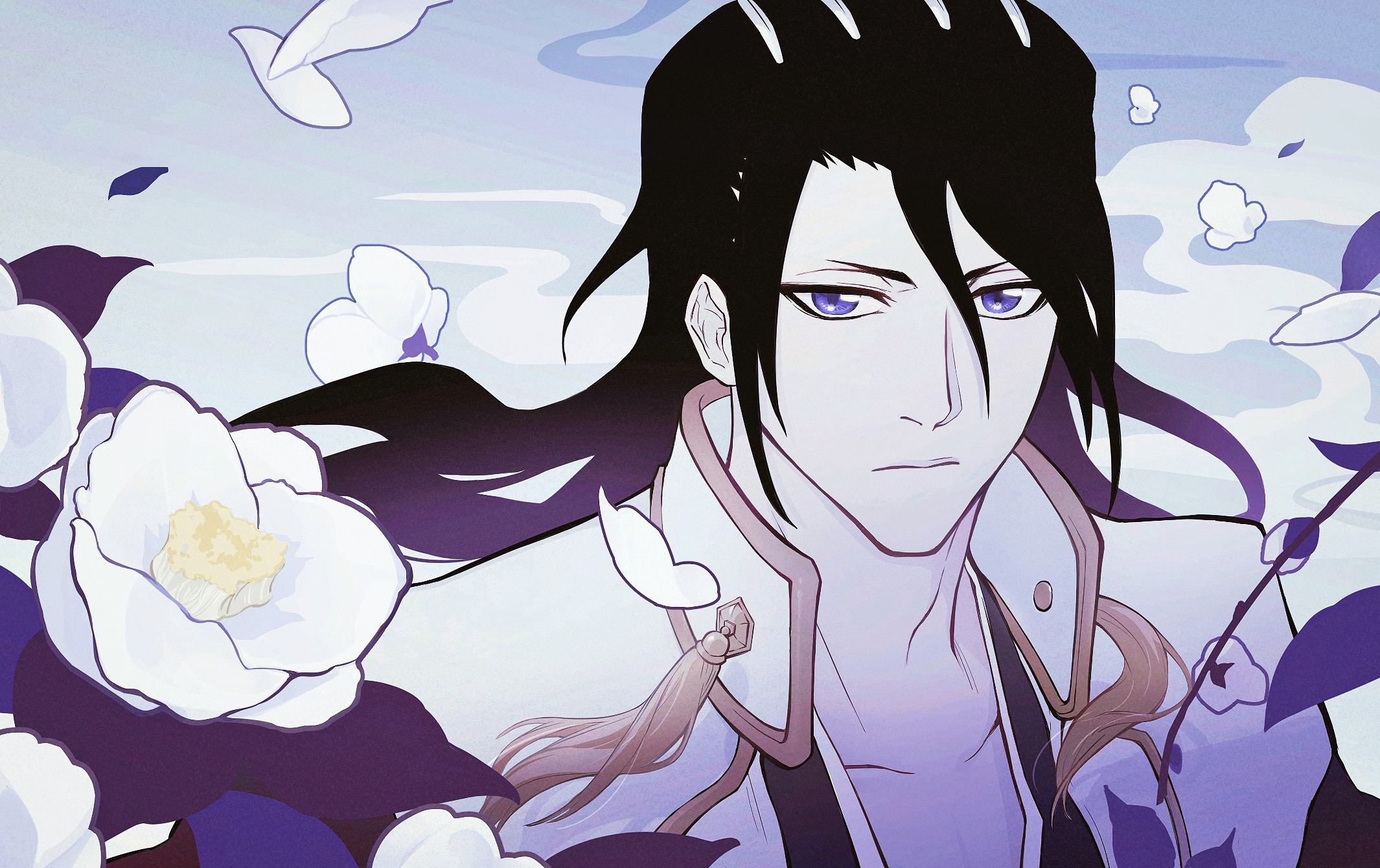antatica11, kuchiki byakuya, bleach, chinese commentary, commentary request, highres, 1boy, black hair, blue eyes, expressionless, flower, hair ornament, long hair, male focus, petals, ponytail, solo