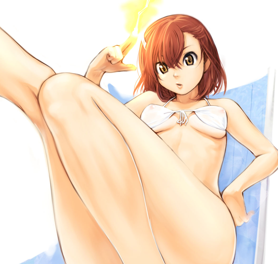 homunculus (alchemynote), misaka mikoto, toaru majutsu no index, 00s, 1girl, asymmetrical bangs, bikini, breasts, brown hair, electricity, electrokinesis, female focus, flat chest, foreshortening, front-tie top, hair ornament, hairclip, long legs, nipples, see-through clothes, short hair, sitting, solo, swimsuit, thighs, underboob, white bikini, yellow eyes