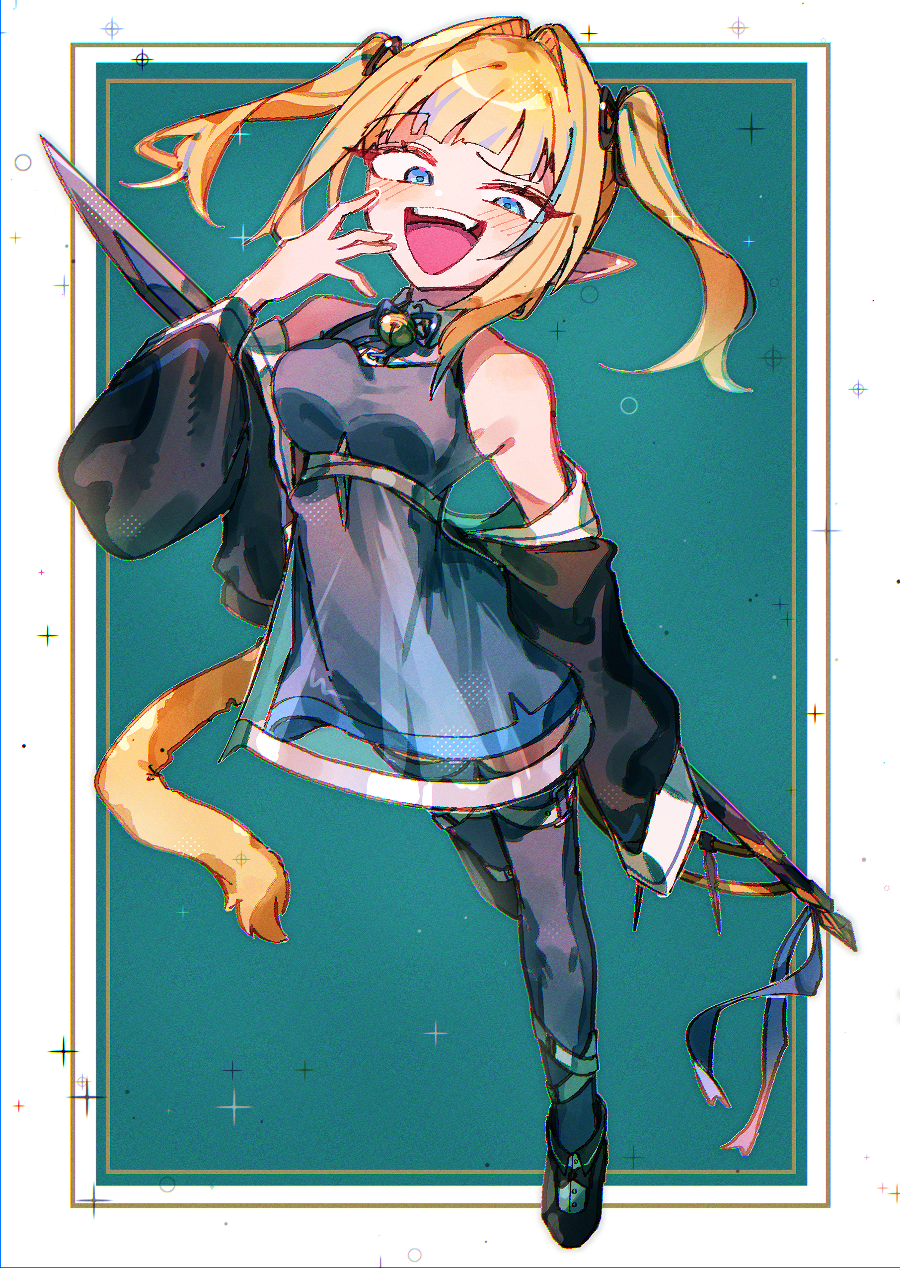 youzuki rie, absurdres, character request, commentary request, copyright request, highres, 1girl, aqua hair, bare shoulders, black jacket, black shoes, blonde hair, blue eyes, blunt bangs, blush, border, breasts, dress, eyelashes, fang, full body, grey dress, grey thighhighs, holding, holding behind back, holding weapon, holding weapon behind back, jacket, long hair, long sleeves, multicolored hair, off shoulder, open mouth, ponytail, purple hair, shoes, smile, smug, solo, sparkle, streaked hair, teeth, thighhighs, twintails, upper teeth only, weapon, white border