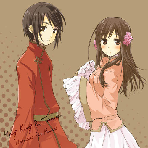 hato (hato37), hong kong (hetalia), taiwan (hetalia), axis powers hetalia, lowres, md5 mismatch, 00s, 1boy, 1girl, ahoge, black hair, brown eyes, brown hair, changpao, chinese clothes, flower, hair flower, hair ornament, long sleeves, plum blossoms, simple background, skirt, sleeves past wrists