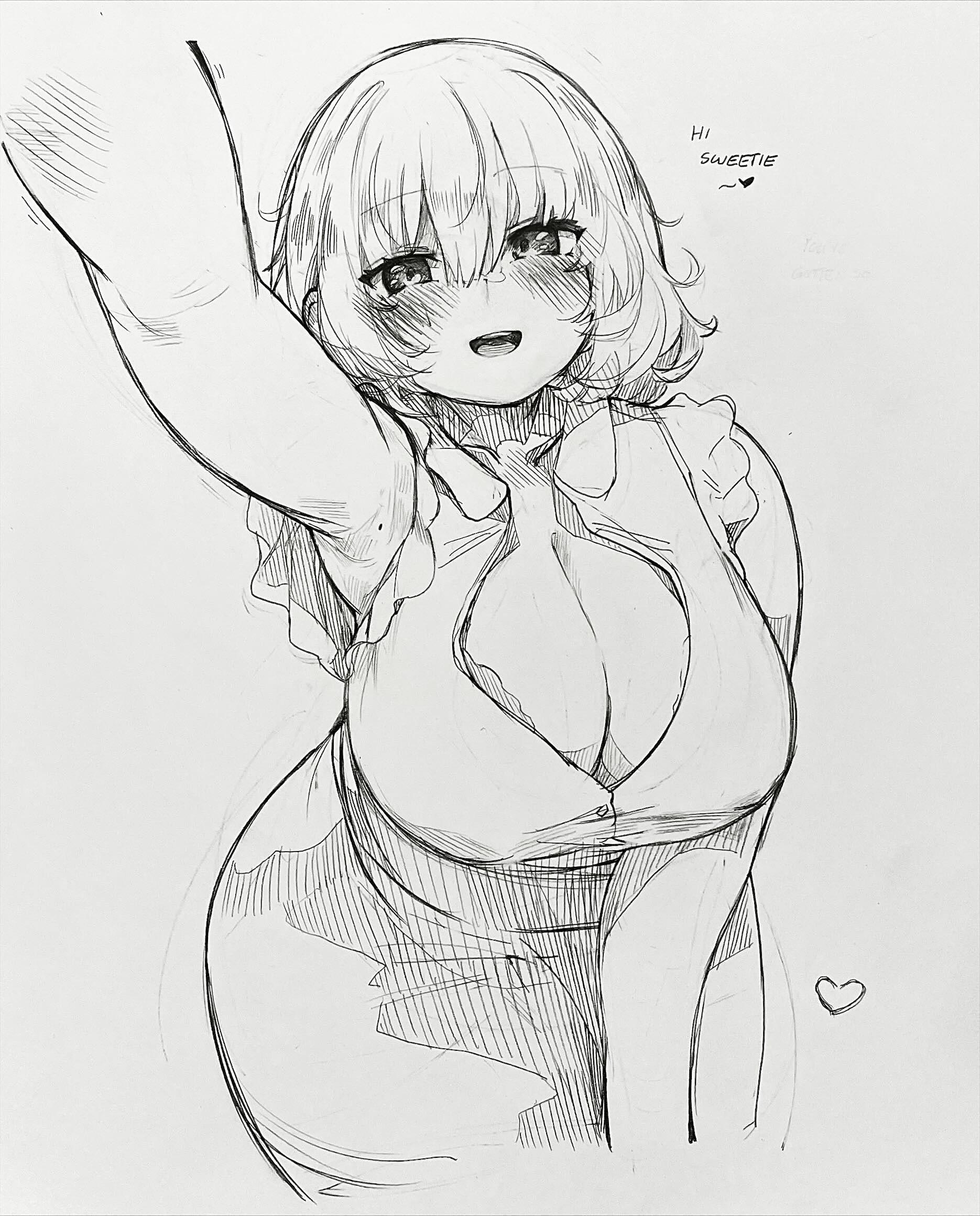 renocoffee, original, commentary, english commentary, graphite (medium), highres, traditional media, 1girl, blush, breasts, cleavage, greyscale, heart, huge breasts, looking at viewer, mature female, monochrome, open mouth, solo