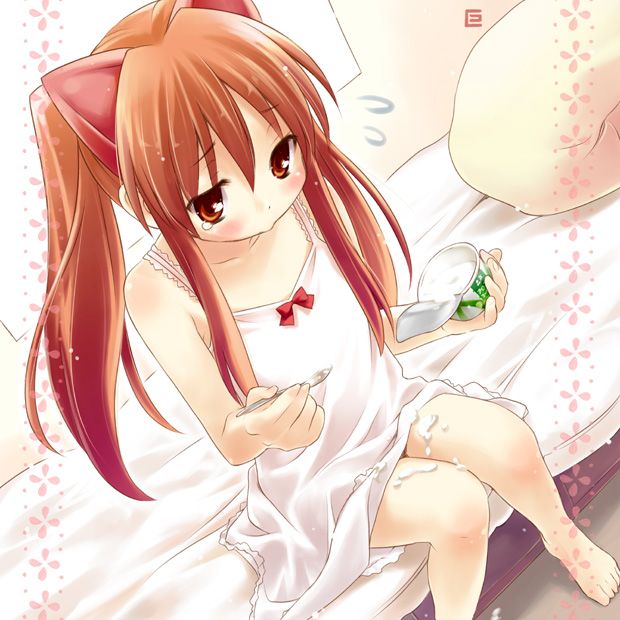 eretto, aloe, aloe (quiz magic academy), quiz magic academy, 1girl, :>, barefoot, blush, bow, brown eyes, brown hair, chemise, female focus, flying sweatdrops, food, ice cream, long hair, on bed, sitting, solo, spill, spoon, tears, twintails