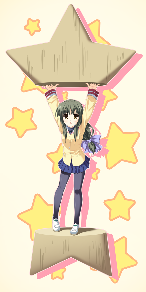 hinata nao, ibuki fuuko, clannad, sazae-san, bad id, bad pixiv id, highres, 1girl, black hair, brown eyes, female focus, long hair, pantyhose, parody, school uniform, solo, star (symbol), starfish