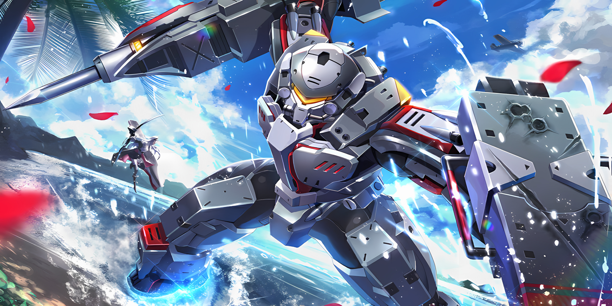 kenko (a143016), commander (azur lane), enterprise (azur lane), power armor commander (azur lane), sbd dauntless, azur lane, cropped, highres, official art, third-party source, 1boy, 1girl, aircraft, april fools, armor, armored bodysuit, battle, beach, copyright name, holding, holding weapon, looking at viewer, male focus, outdoors, pile bunker, power armor, tree, water, weapon, white hair