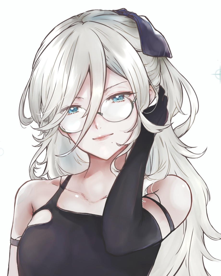 nagisa (wwnf4585), nier:automata, nier (series), character request, commentary request, 1girl, bare shoulders, black gloves, blue eyes, closed mouth, collarbone, elbow gloves, eyelashes, glasses, gloves, hair between eyes, hand in own hair, lips, long hair, mole, mole under mouth, round eyewear, simple background, smile, solo, white background, white hair
