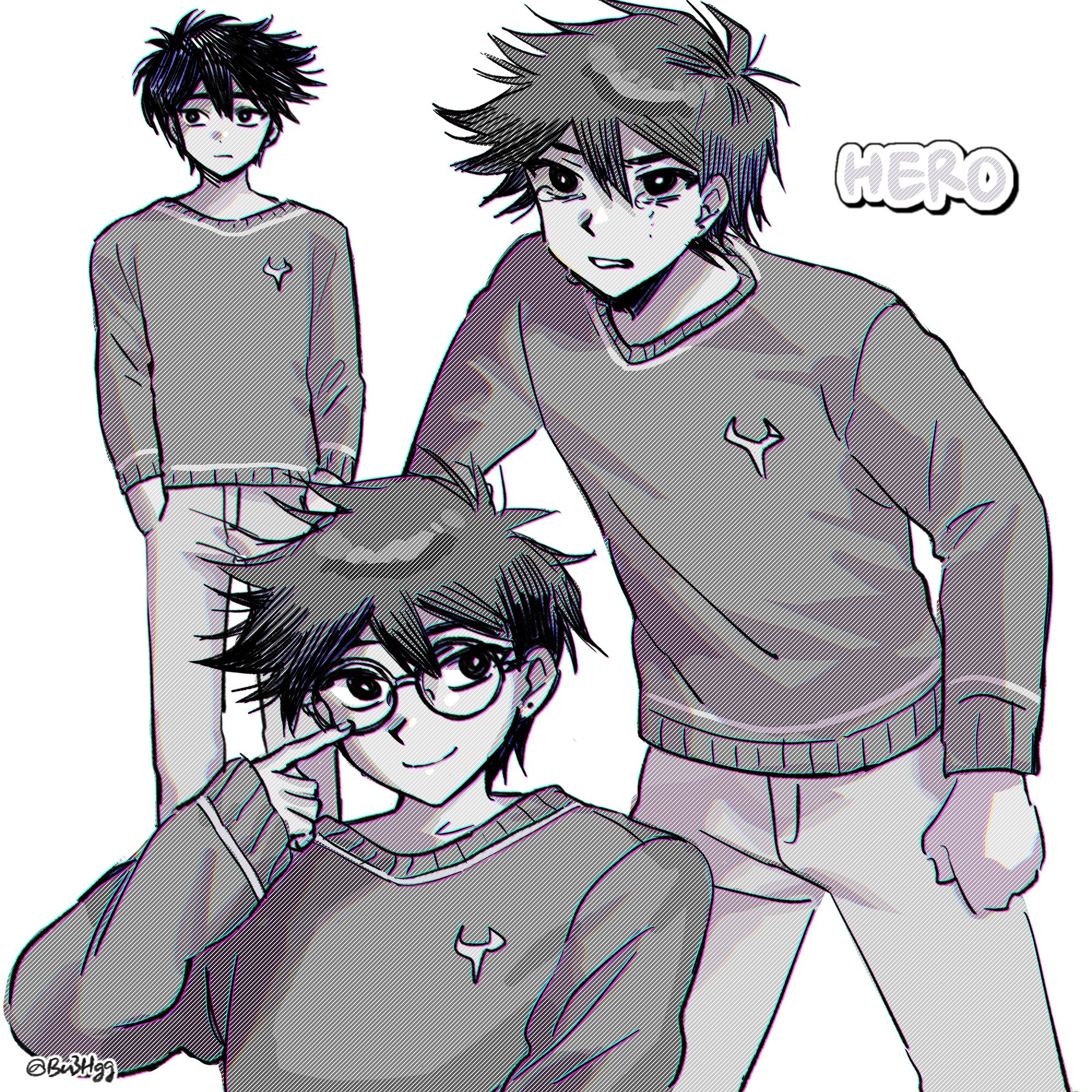 bu3hgg, hero (faraway) (omori), hero (omori), omori, highres, 1boy, artist name, bespectacled, character name, closed mouth, crying, crying with eyes open, ear piercing, glasses, greyscale, hands in pockets, long sleeves, looking at viewer, male focus, monochrome, parted lips, piercing, round eyewear, simple background, smile, solo, sweater, tears, twitter username