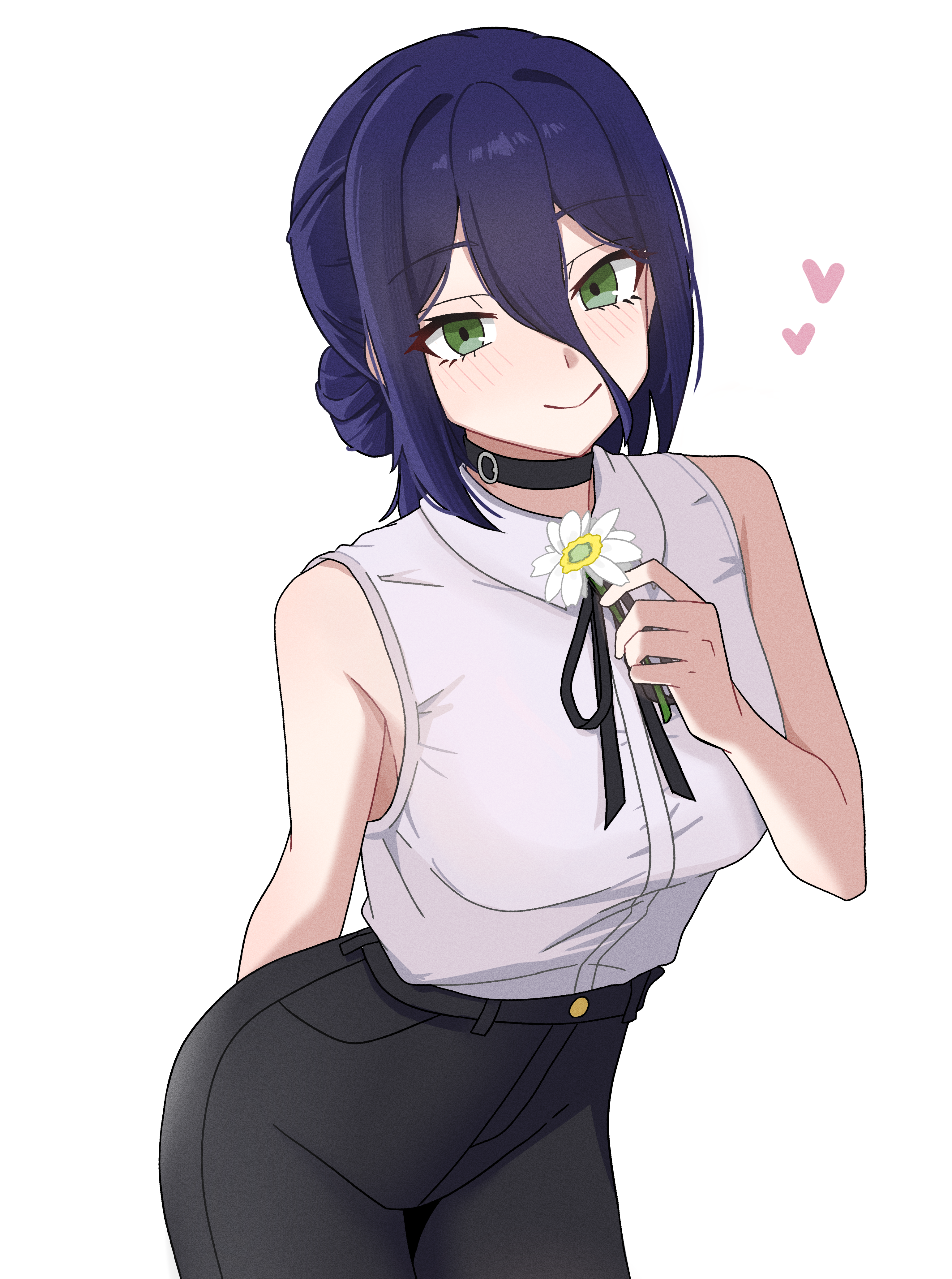 shimo (shimo ha), reze (chainsaw man), chainsaw man, absurdres, highres, 1girl, black choker, black ribbon, black shorts, blue hair, choker, closed mouth, flower, green eyes, grenade pin, hair between eyes, hair bun, heart, holding, holding flower, looking at viewer, neck ribbon, ribbon, shirt, shirt tucked in, shorts, sleeveless, sleeveless shirt, smile, solo, white flower