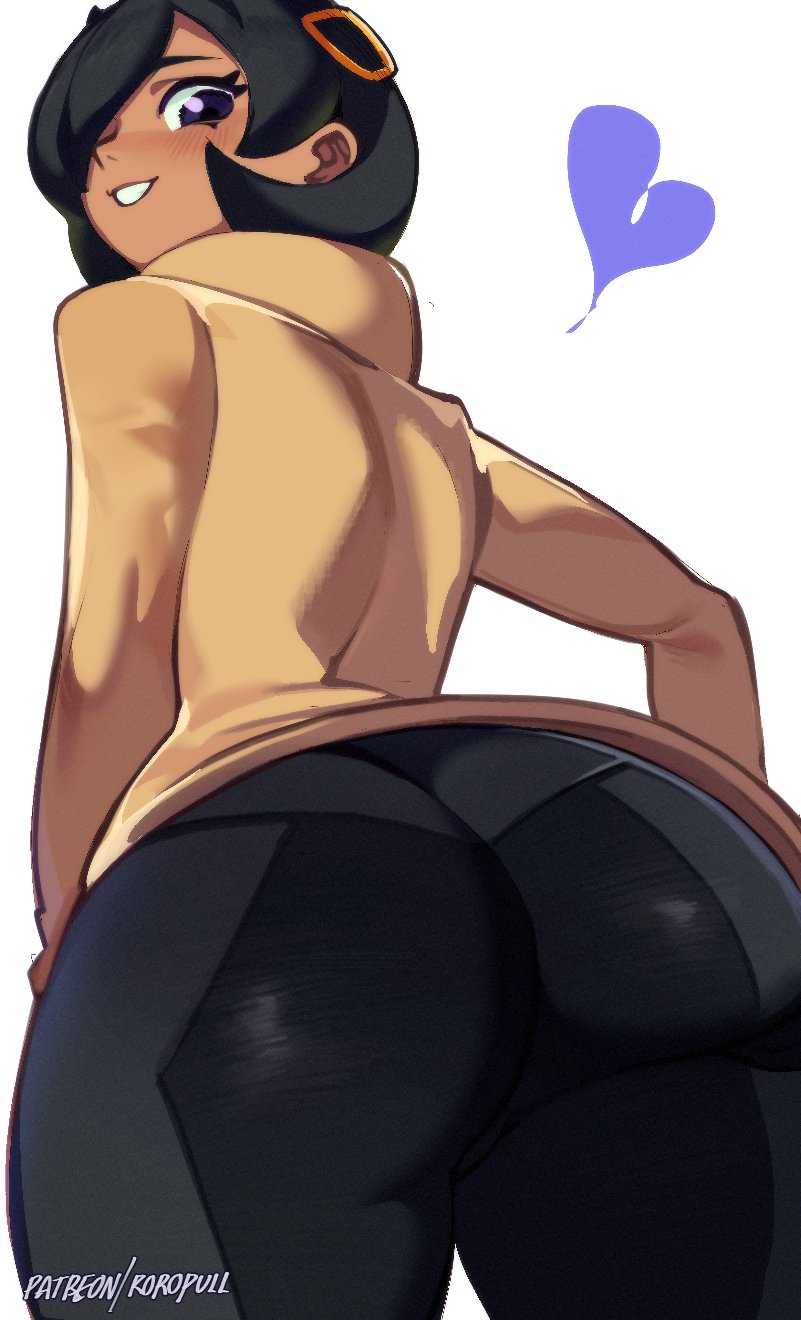 roropull, emma (pokemon), nintendo, pokemon, pokemon legends: z-a, highres, 1girl, ass, black bodysuit, black hair, bodysuit, bodysuit under clothes, brown jacket, dark-skinned female, dark skin, from behind, hair over one eye, heart, jacket, long sleeves, looking at viewer, looking back, parted lips, patreon username, purple eyes, short hair, simple background, solo, white background