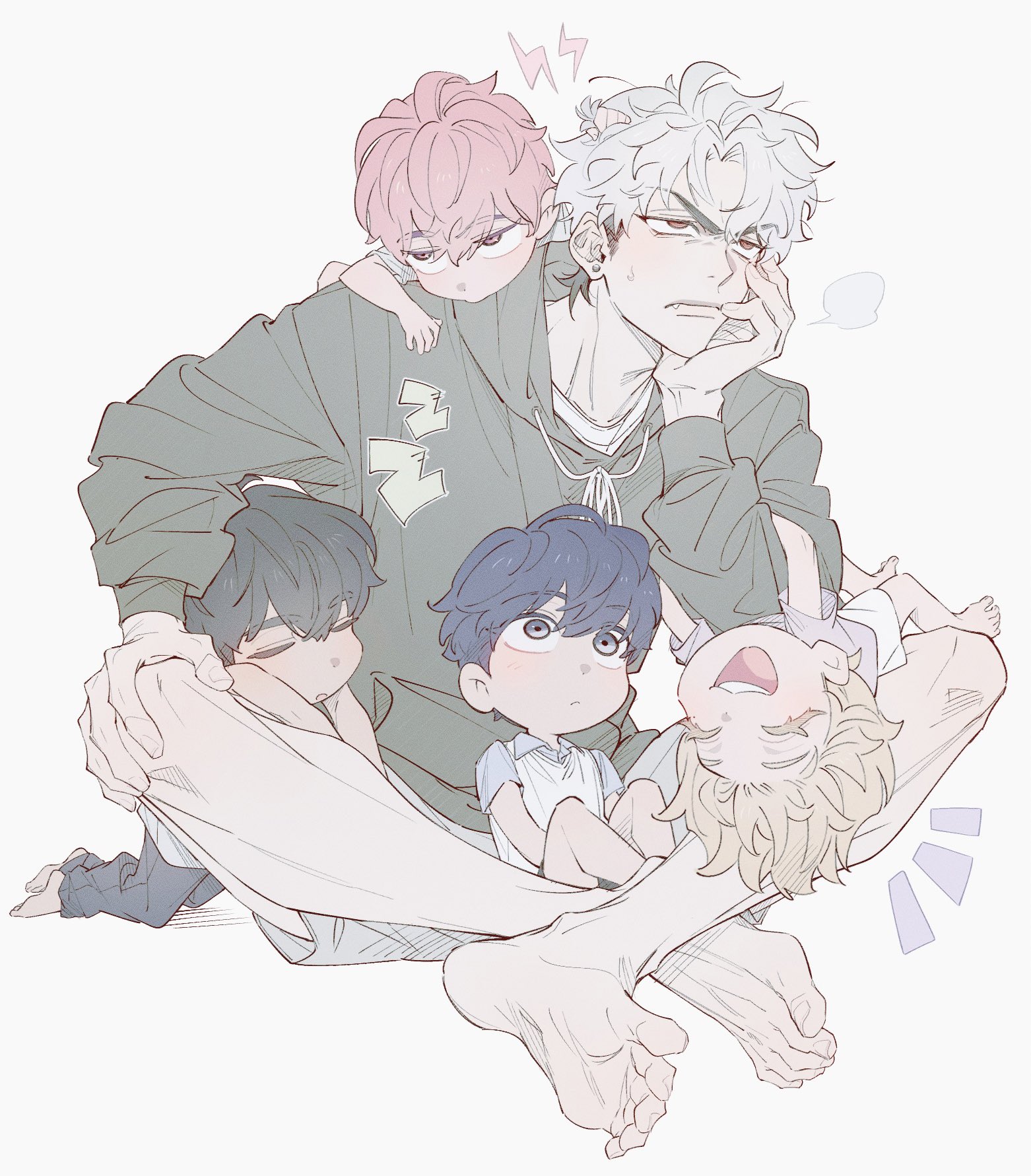 p o p dorodoro, bamby (plave), hamin (plave), plave, highres, 5boys, aged down, barefoot, black hair, blonde hair, blue hair, closed eyes, closed mouth, eunho (plave), full body, furrowed brow, green hoodie, hand rest, hood, hoodie, indian style, invisible floor, k-pop, long sleeves, male focus, multiple boys, noah (plave), open mouth, pink hair, red eyes, short hair, simple background, sitting, smile, teeth, upper teeth only, white background, white hair, yejun (plave)