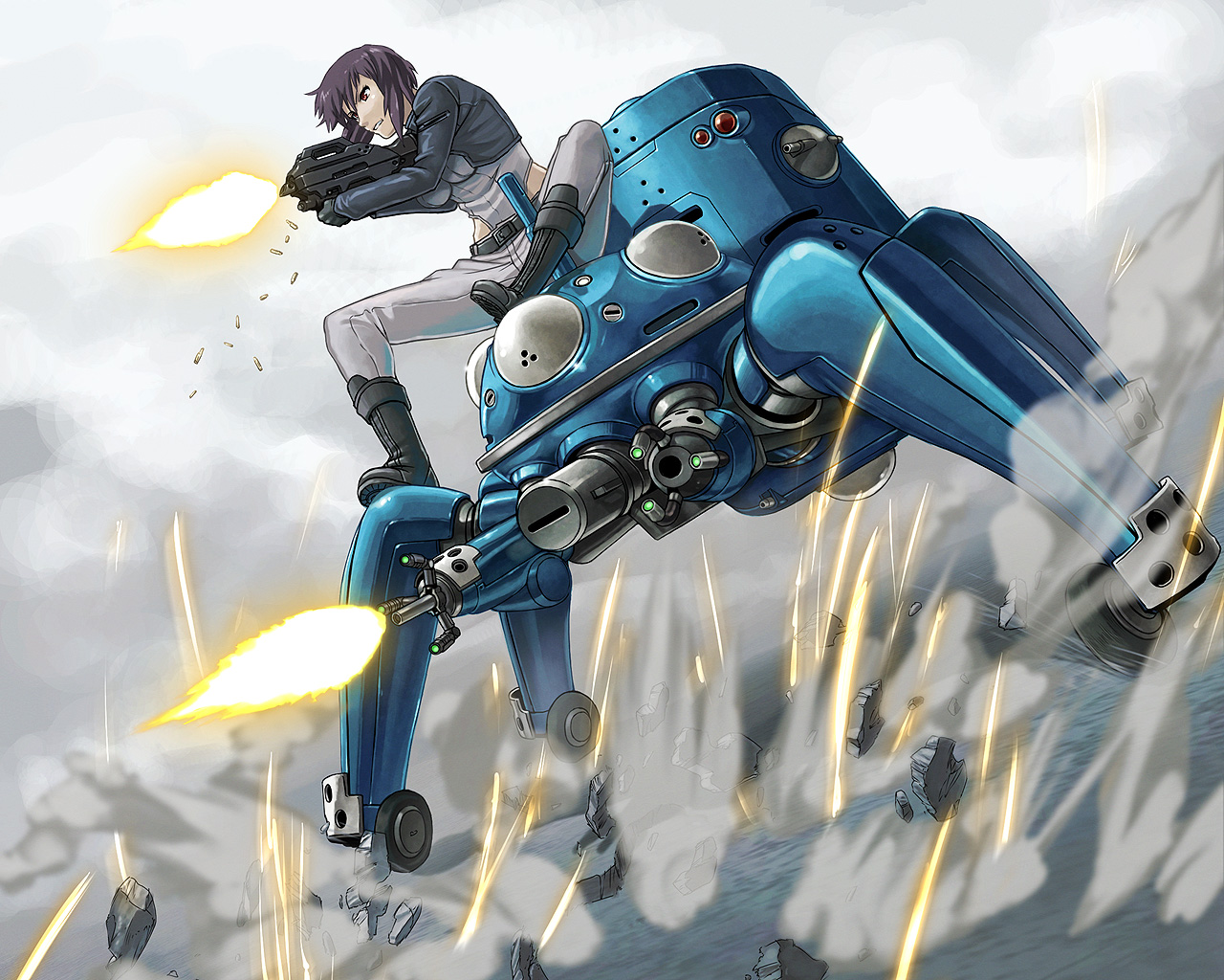 itou (onsoku tassha), kusanagi motoko, tachikoma, ghost in the shell, ghost in the shell: stand alone complex, machine pistol, 00s, 1girl, black boots, boots, bullpup, casing ejection, female focus, firing, gloves, gun, jacket, mecha, mecha focus, pants, pants tucked in, purple hair, red eyes, rifle, robot, shell casing, short hair, solo, sparkle, weapon