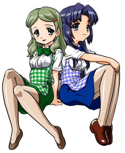 bandabekken, asakura ryoko, kimidori emiri, suzumiya haruhi no yuuutsu, non-web source, 00s, 2girls, apron, back-to-back, blouse, blue eyes, blue hair, gingham apron, green eyes, green hair, knees together feet apart, kobeya uniform, legs together, long hair, multiple girls, own hands together, pantyhose, parted bangs, plaid apron, plaid clothes, shirt, simple background, waitress, white background, white shirt