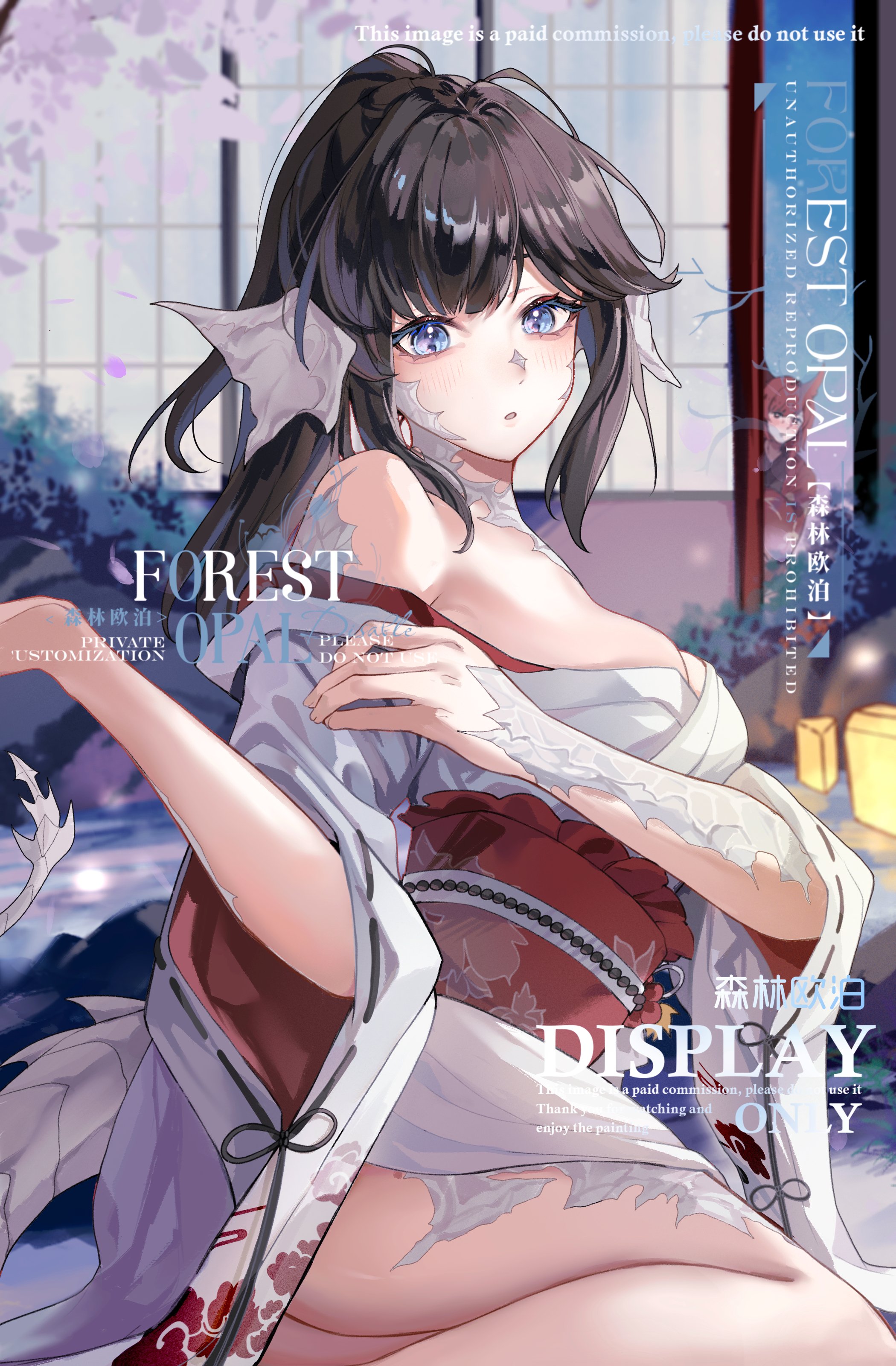 morisenlin, g'raha tia, warrior of light (ff14), final fantasy, final fantasy xiv, absurdres, commission, highres, 1girl, au ra, bare shoulders, black hair, blue eyes, breasts, dragon girl, dragon horns, dragon tail, horns, japanese clothes, kimono, looking at viewer, medium breasts, obi, open clothes, open kimono, ponytail, sash, scales, solo focus, tail, white kimono