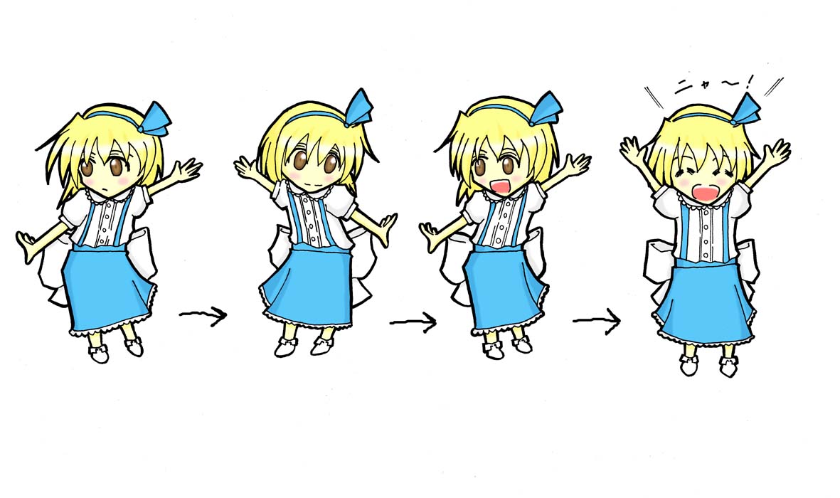 alice margatroid, alice margatroid (pc-98), mystic square, touhou, touhou (pc-98), 1girl, arrow (projectile), blonde hair, brown eyes, child, comic, dancing, female focus, full body, multiple views, open mouth, ribbon, short hair, simple background, standing, white background