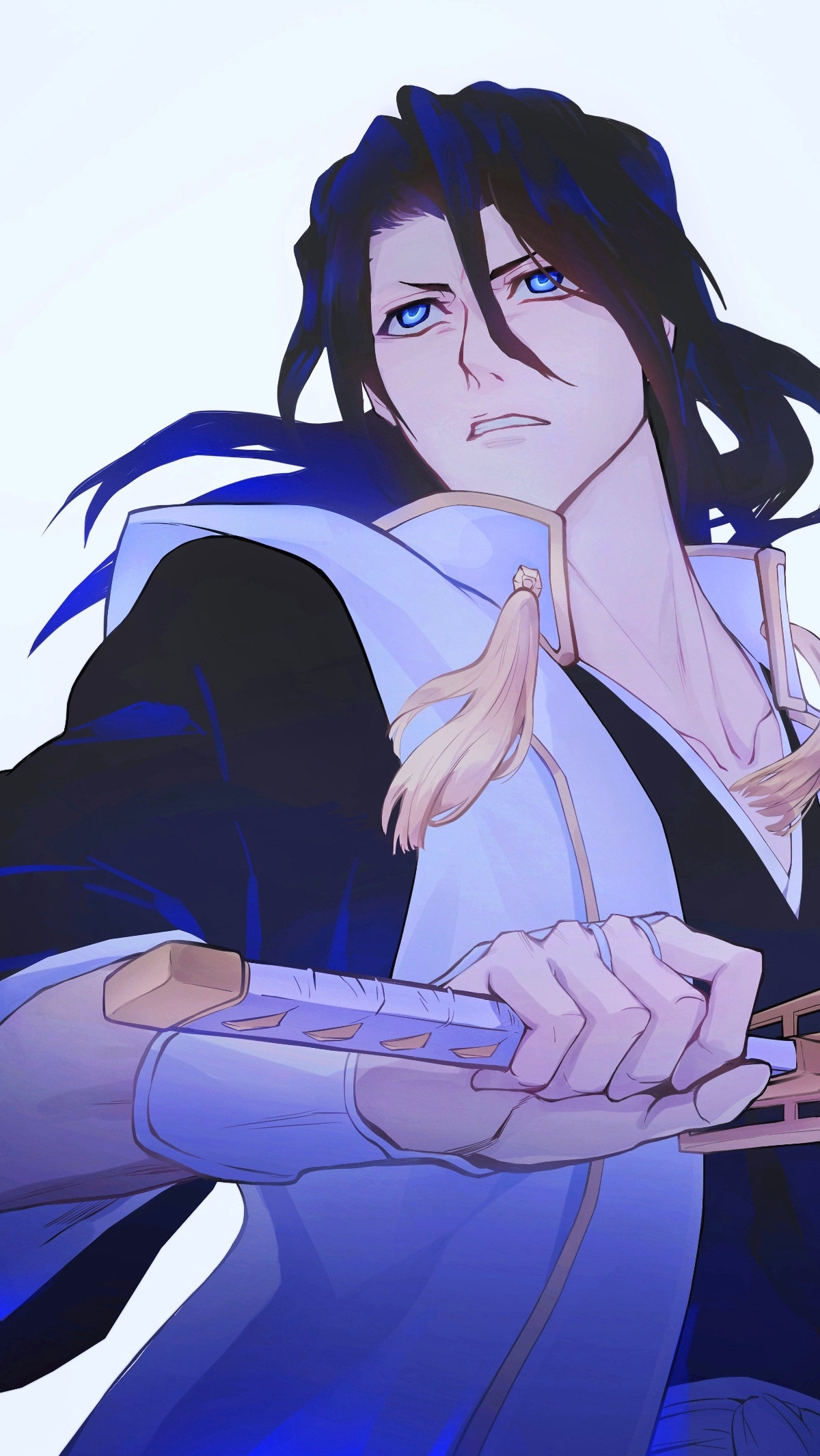 antatica11, kuchiki byakuya, bleach, chinese commentary, commentary request, highres, 1boy, black hair, blue eyes, frown, haori, holding, holding sword, holding weapon, japanese clothes, long hair, male focus, serious, shihakusho, solo, sword, taichou haori, upper body, weapon