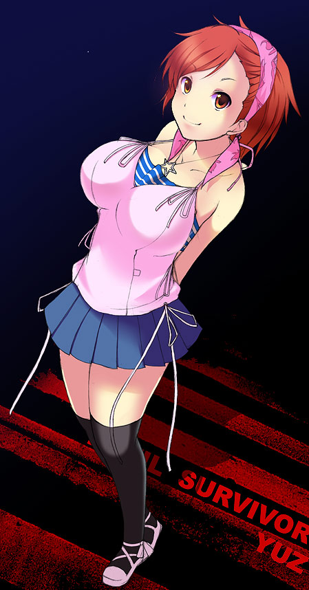 kyoku tou, tanigawa yuzu, devil survivor (series), devil survivor 1, 1girl, black thighhighs, breasts, camisole, female focus, headscarf, jewelry, large breasts, legs, matching hair/eyes, necklace, orange eyes, orange hair, pink headscarf, pleated skirt, skirt, smile, solo, star (symbol), thighhighs