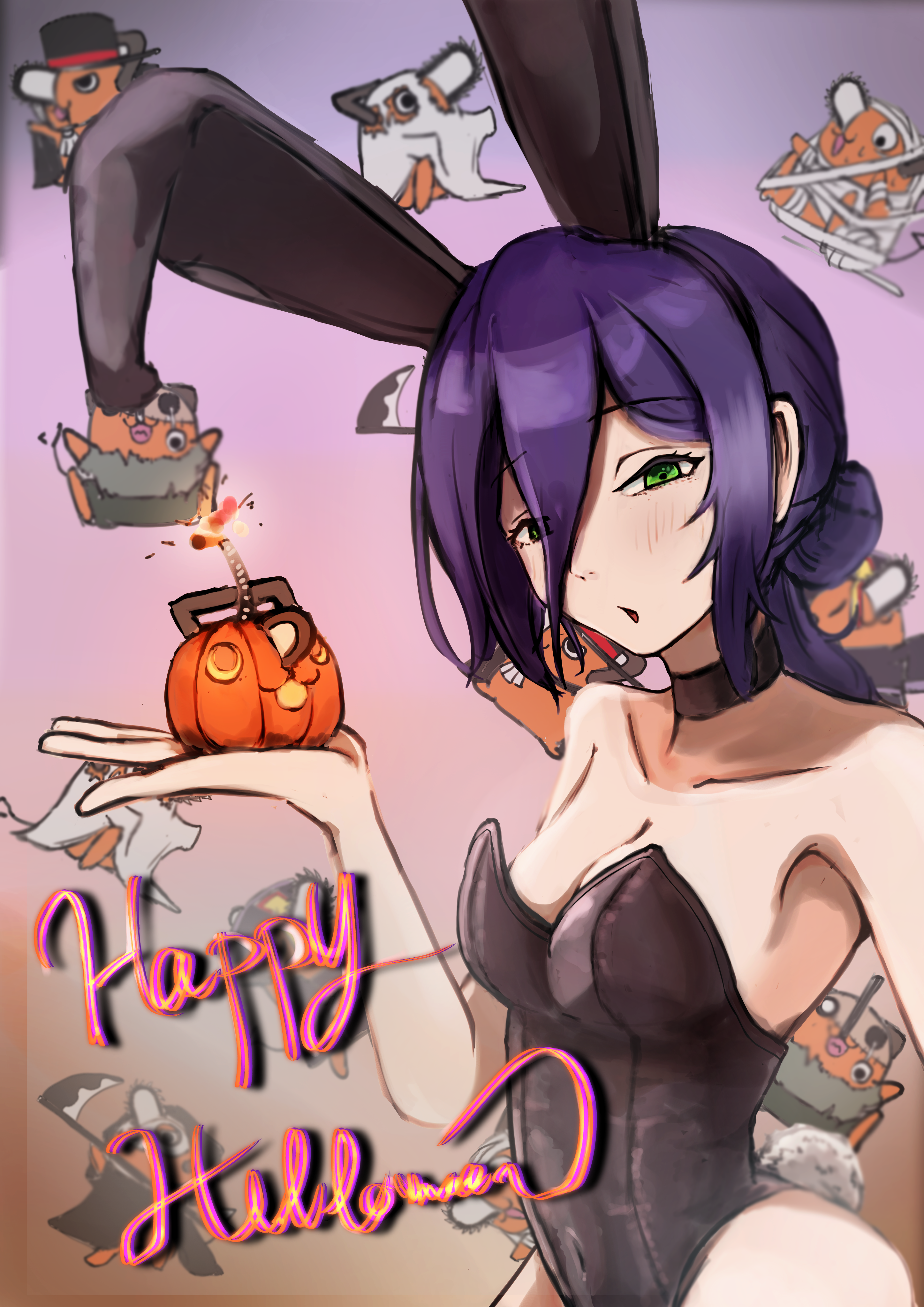 choko bike, pochita (chainsaw man), reze (chainsaw man), chainsaw man, absurdres, highres, 1girl, alternate costume, animal ear hairband, animal ears, black choker, black leotard, breasts, choker, fake animal ears, green eyes, hair between eyes, hair bun, hairband, happy halloween, highleg, highleg leotard, holding, holding pumpkin, jack-o'-lantern, leotard, medium breasts, pumpkin, purple hair, rabbit ear hairband, rabbit ears, rabbit tail, solo, strapless, strapless leotard, tail