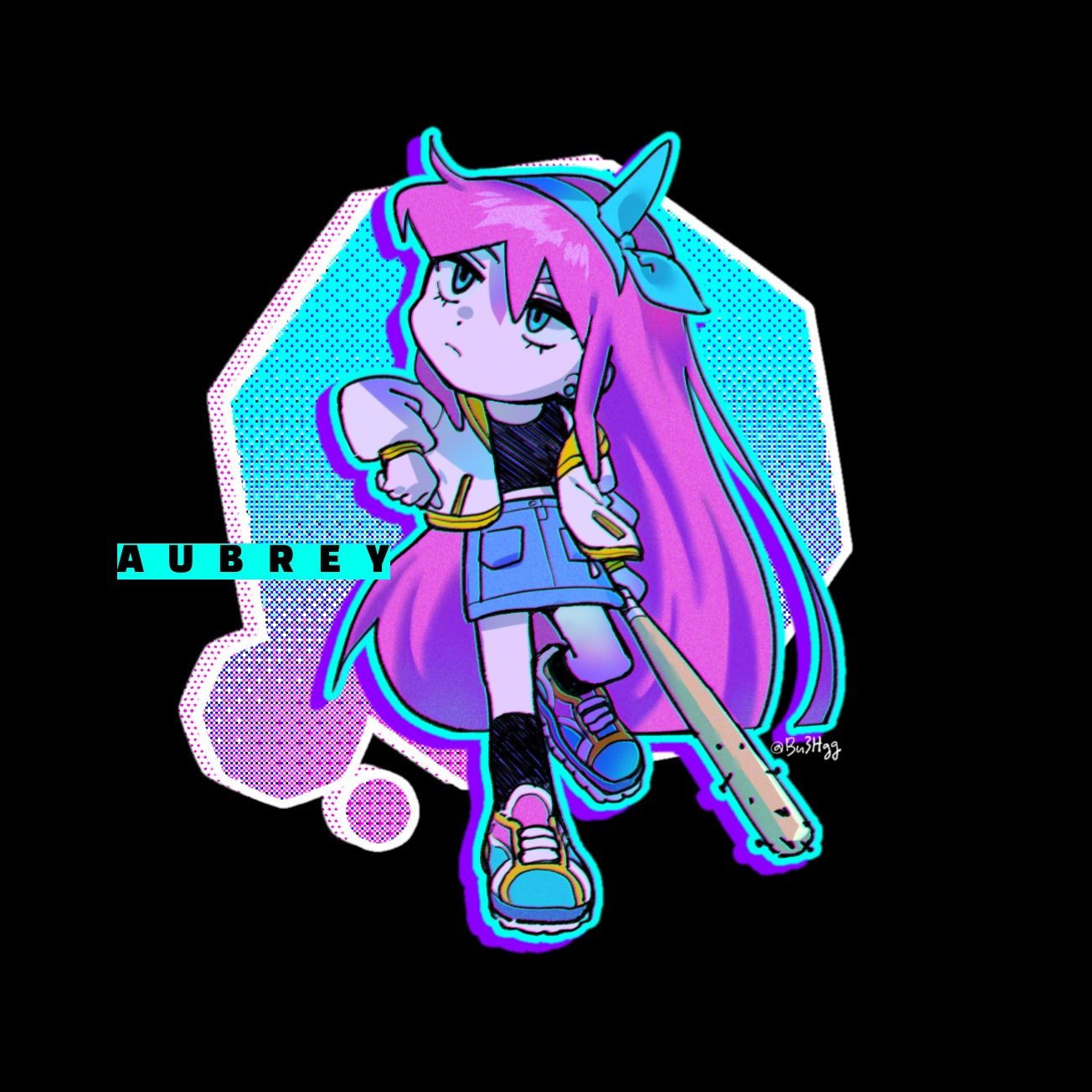 bu3hgg, aubrey (faraway) (omori), aubrey (omori), omori, highres, 1girl, artist name, baseball bat, black background, black socks, blue eyes, blue hairband, blue skirt, character name, chibi, chibi only, closed mouth, denim, denim skirt, double-parted bangs, ear piercing, full body, hair between eyes, hairband, holding, holding baseball bat, jacket, long hair, long sleeves, nail (hardware), nail bat, piercing, pink hair, shoes, simple background, skirt, sneakers, socks, solo, twitter username, white jacket